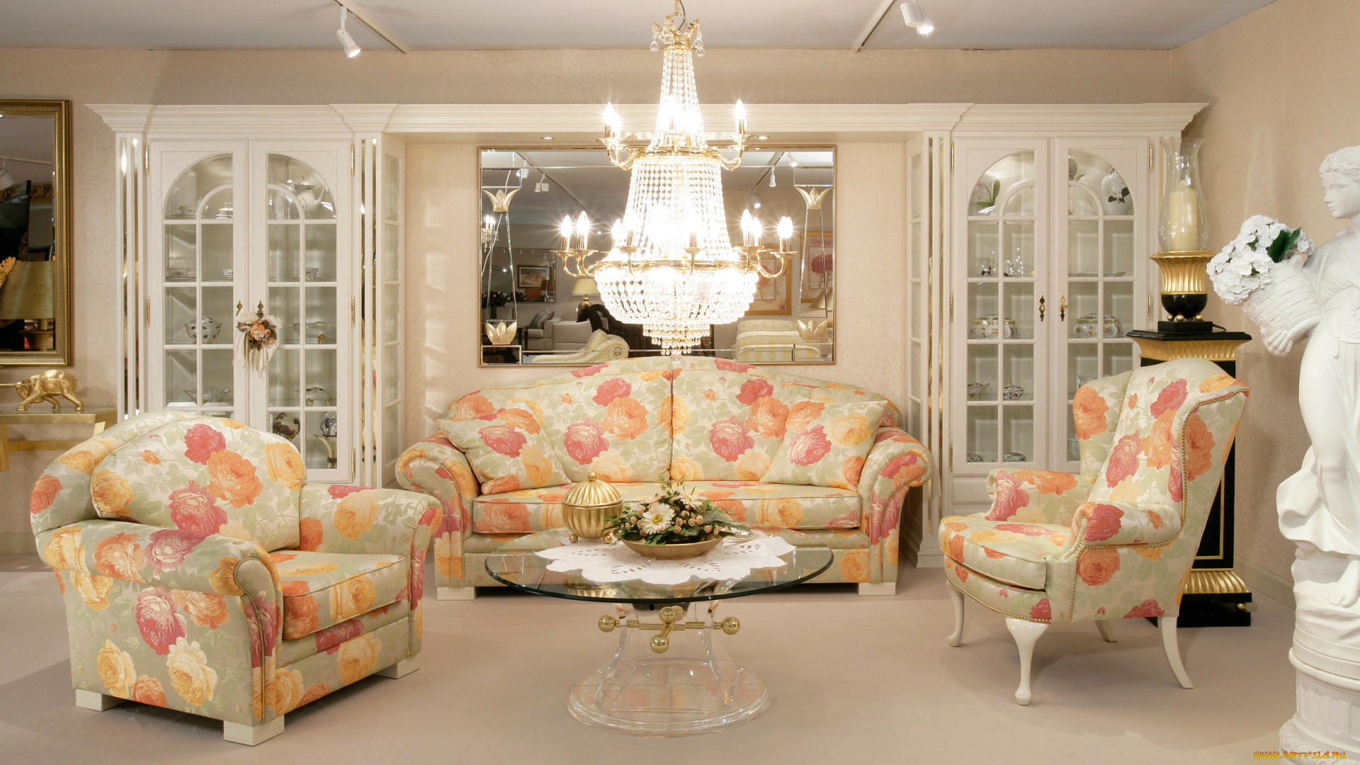 интерьер, гостиная, диван, кресла, стол, зеркало, мебель, дизайн