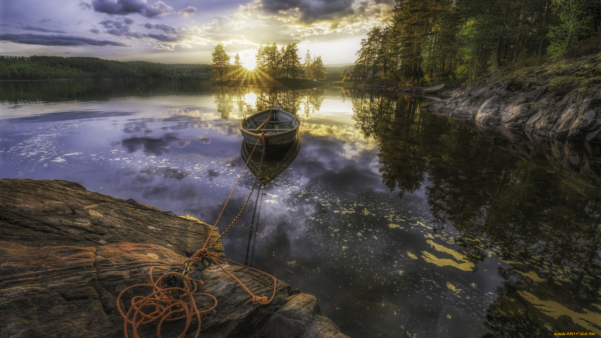 корабли, лодки, , шлюпки, лес, река, рассвет, лодка