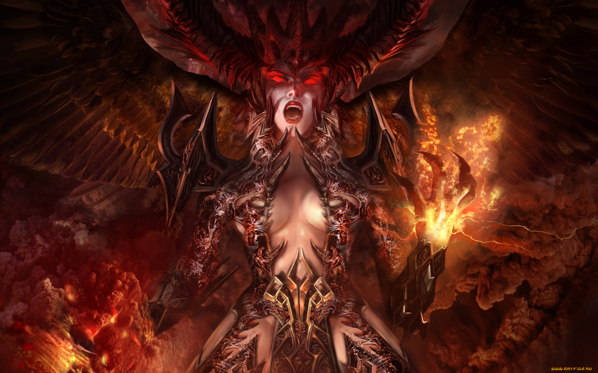 фэнтези, демоны, рога, доспехи, демон, девушка, дым, магия, когти