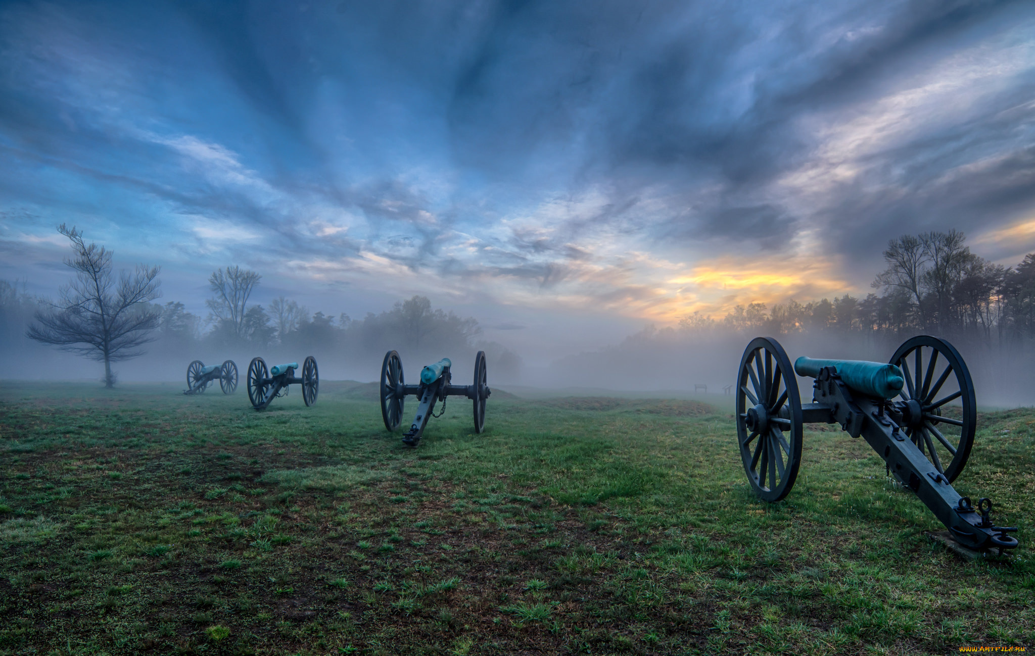 оружие, пушки, ракетницы, туман, утро, небо