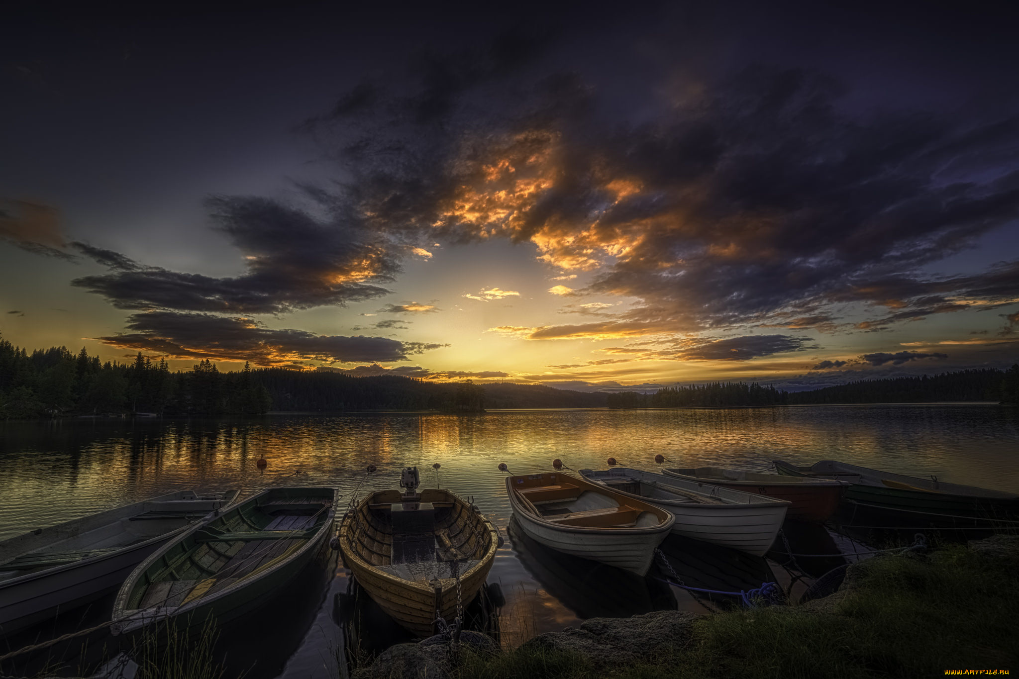 корабли, лодки, , шлюпки, река, сумерки