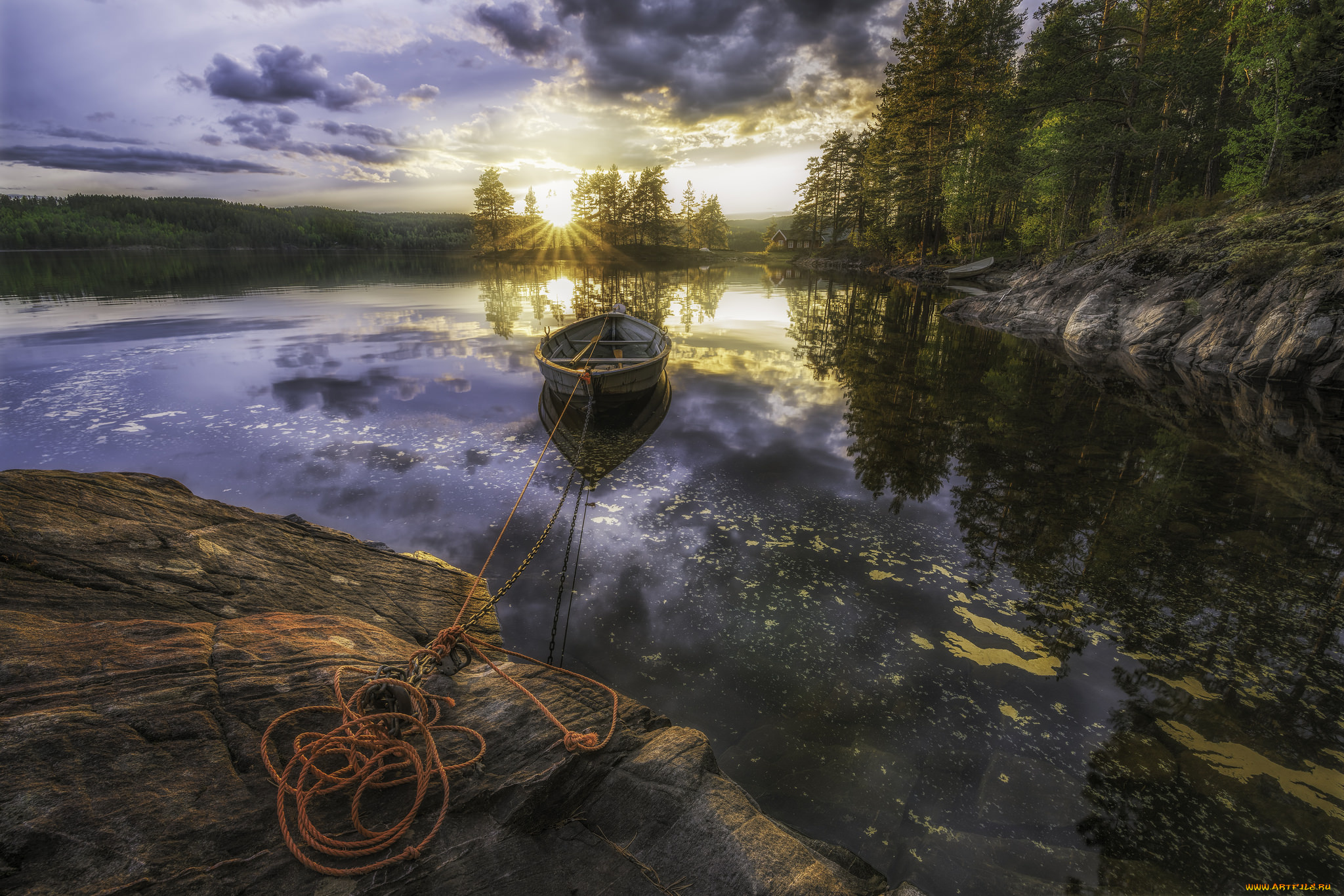 корабли, лодки, , шлюпки, лес, река, рассвет, лодка