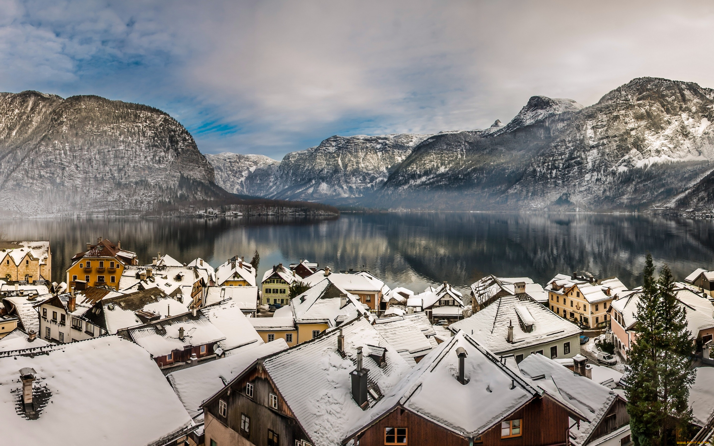 города, -, пейзажи, зима, крыши, дома, горы, озеро, lake, hallstatt, alps, альпы, гальштатское, австрия, гальштат, austria, панорама