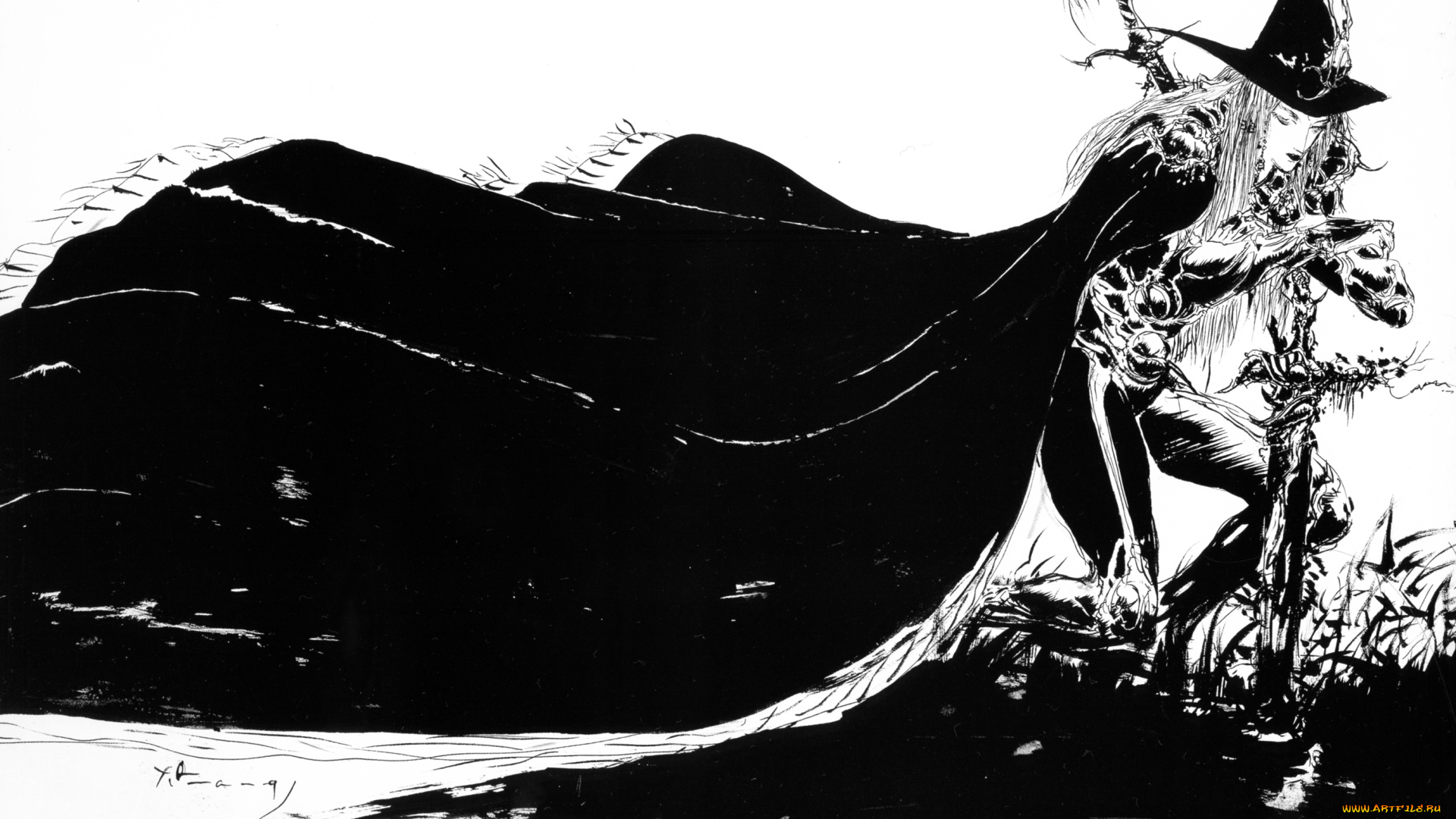 аниме, di, графика, могила, крест, ди, vampire, hunter, d, плащ, меч, art, yoshitaka, amano, охотник, чёрно-белая, шляпа