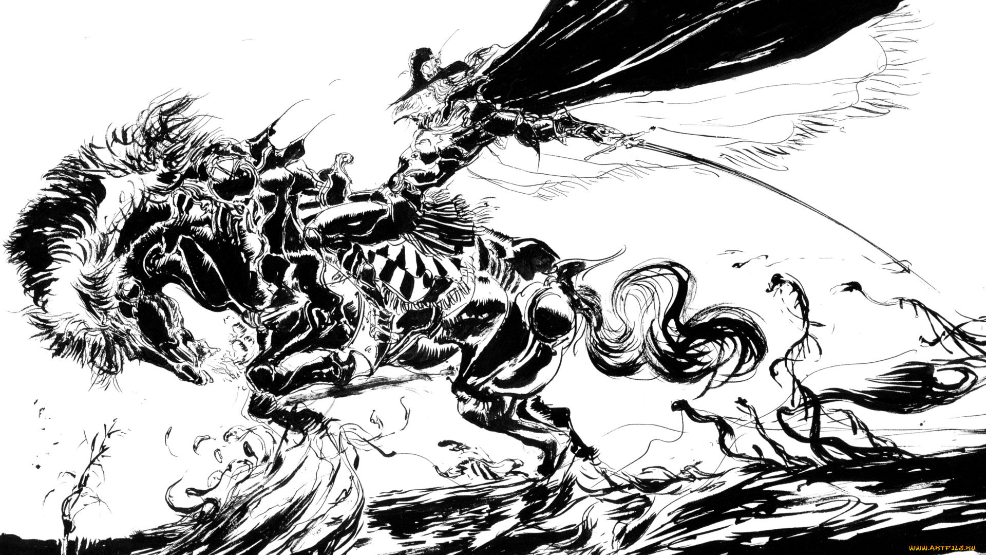 аниме, di, vampire, hunter, d, ди, yoshitaka, amano, art, охотник, меч, плащ, всадник, лошадь, графика, чёрно-белая