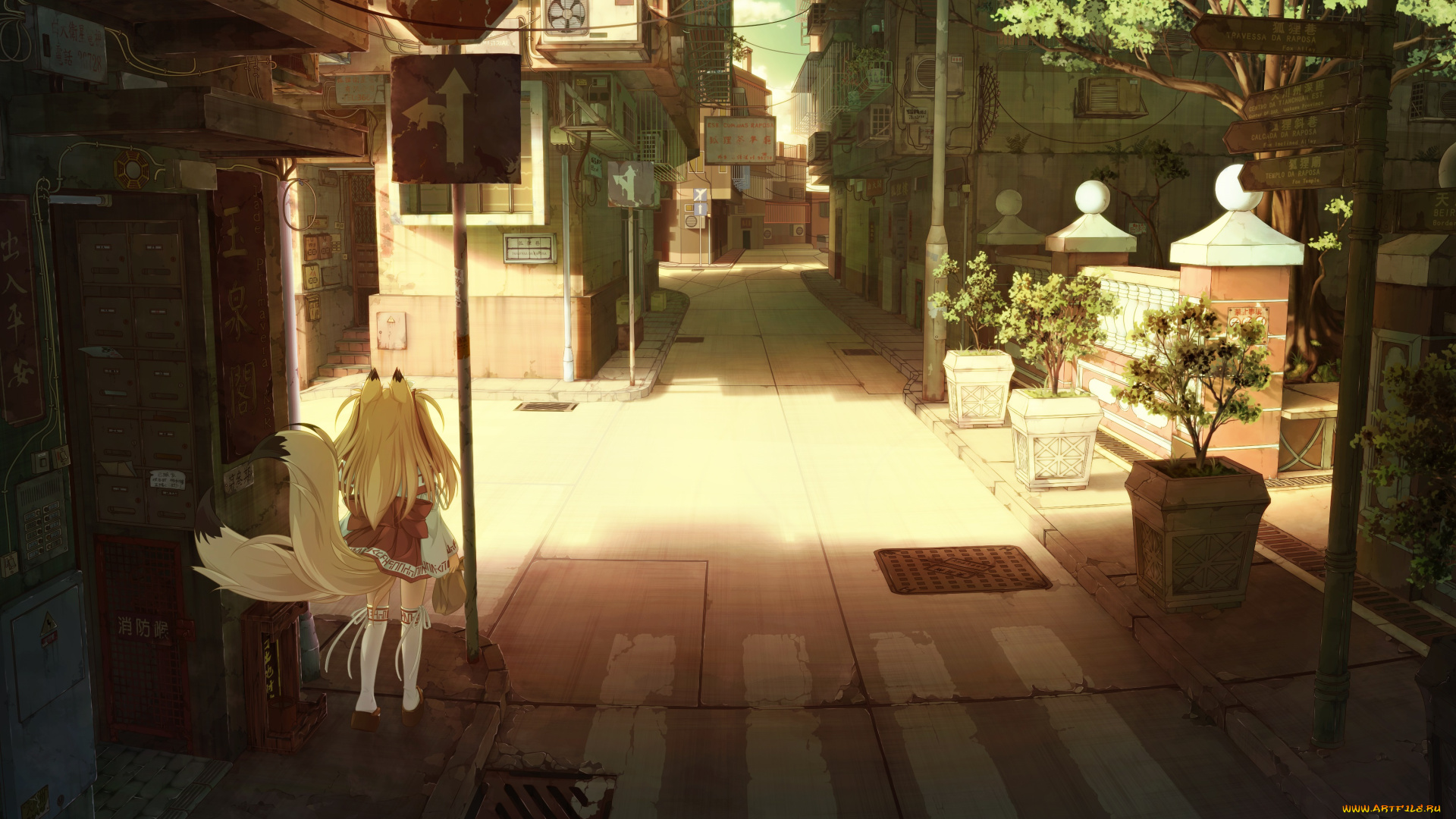 аниме, город, , улицы, , здания, девочка