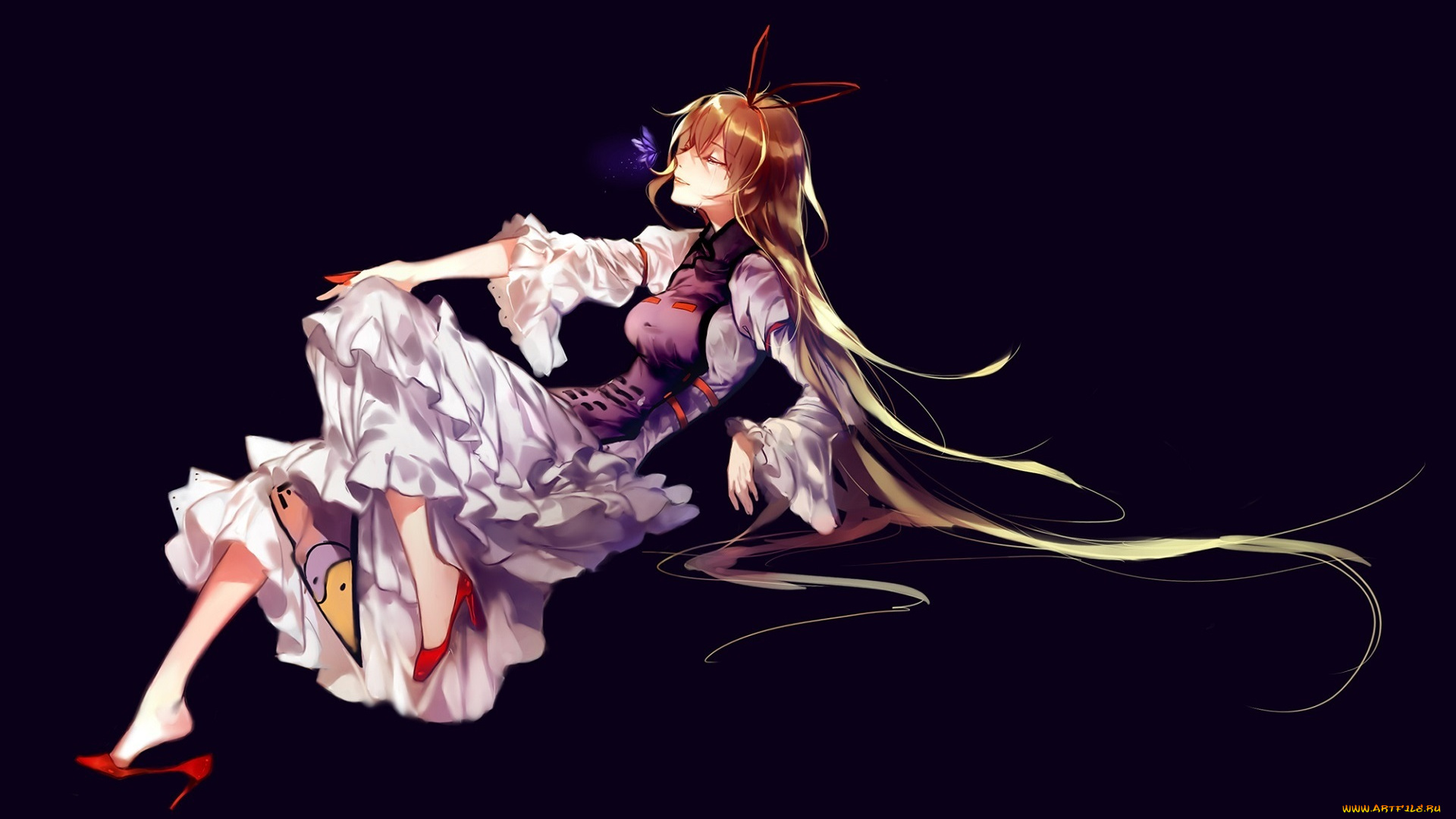аниме, touhou, бабочка, yukari, yakumo, длинные, волосы, закрытые, глаза, фон, фиолетовый, туфли