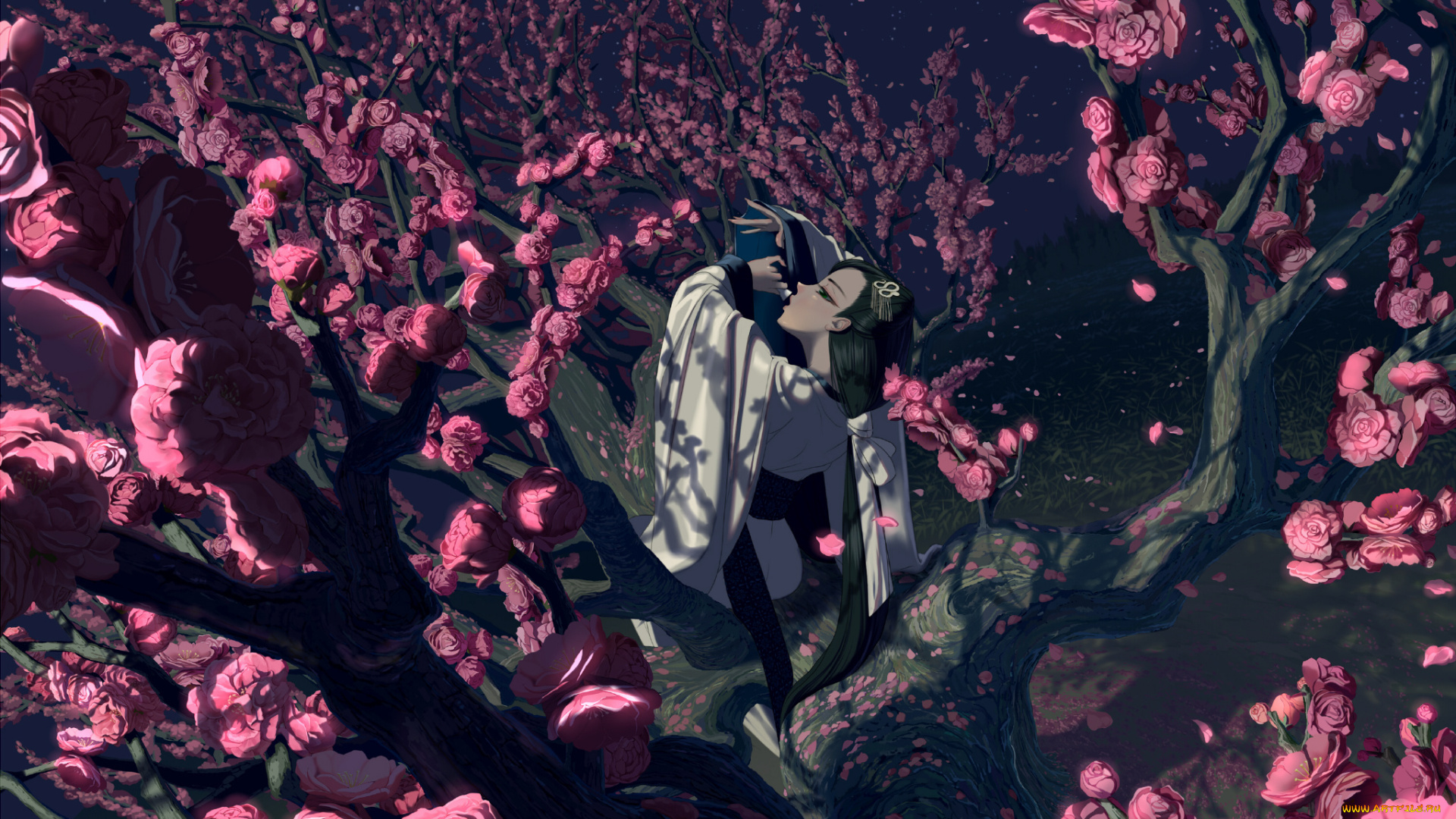 аниме, unknown, , другое, арт, девушка, дерево, сакура, цветы