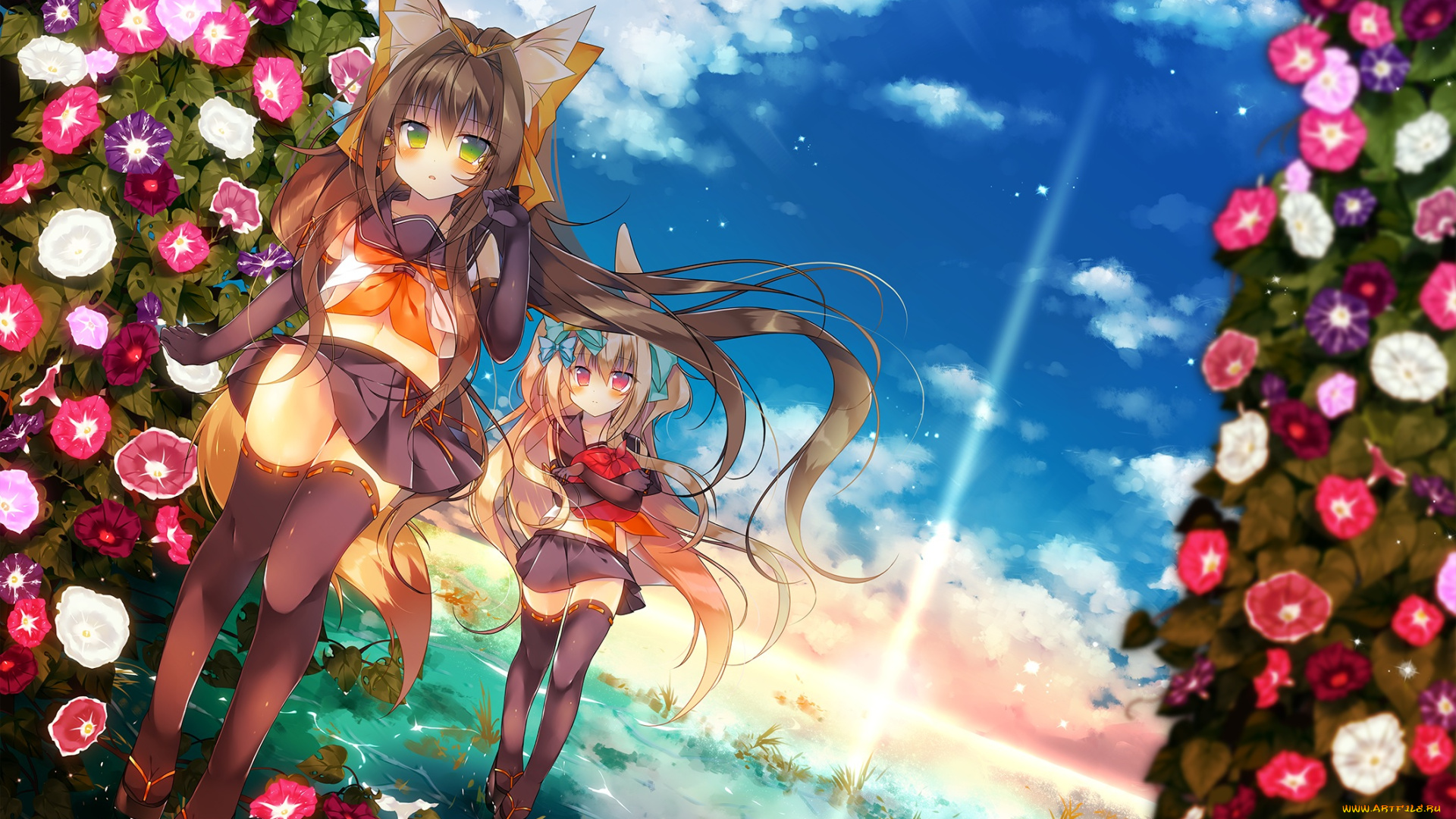 аниме, unknown, , другое, девочки, цветы, вьюнок