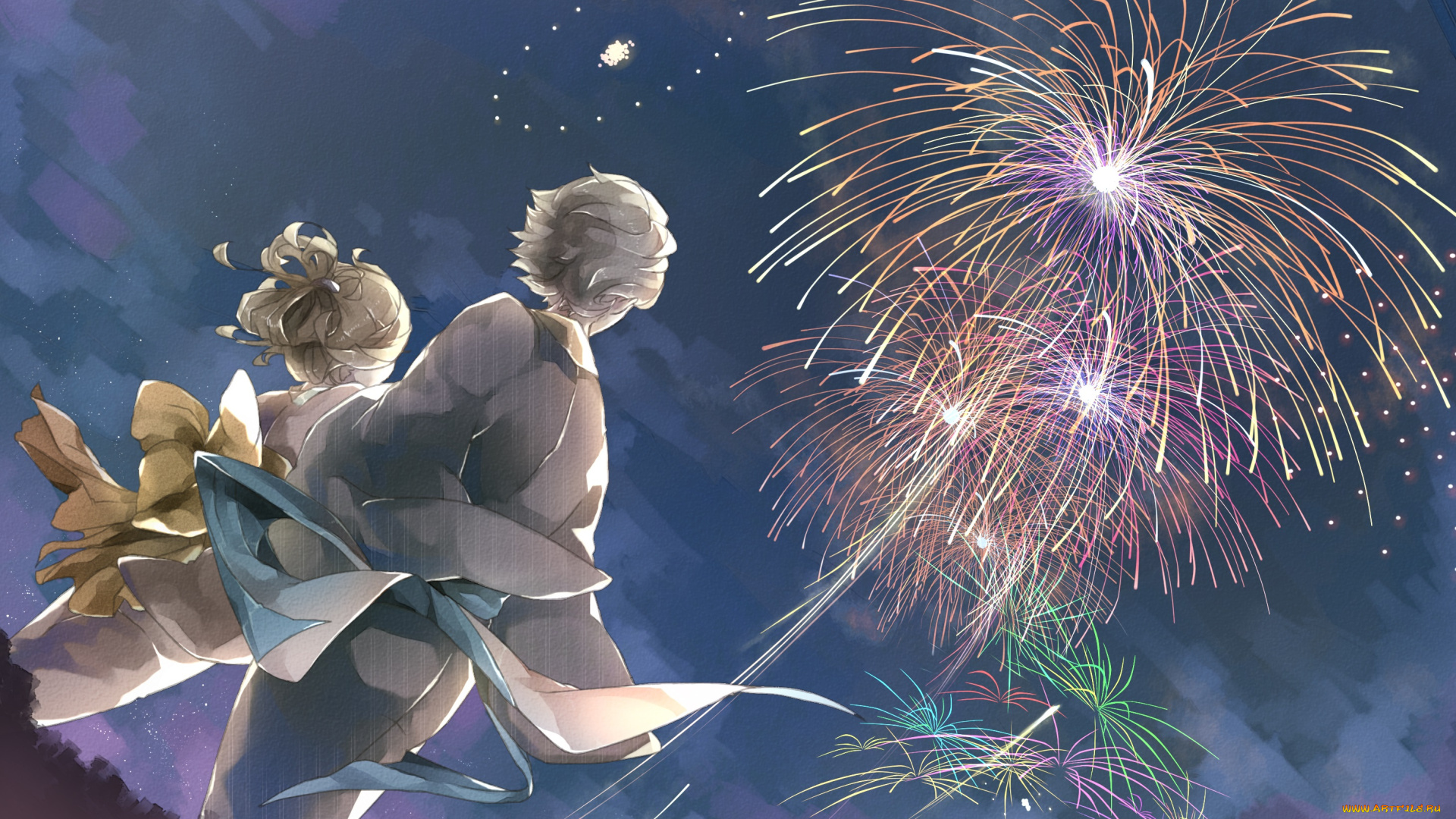 аниме, unknown, , другое, ночь, фейерверк, спина, двое, кимоно, дети, небо