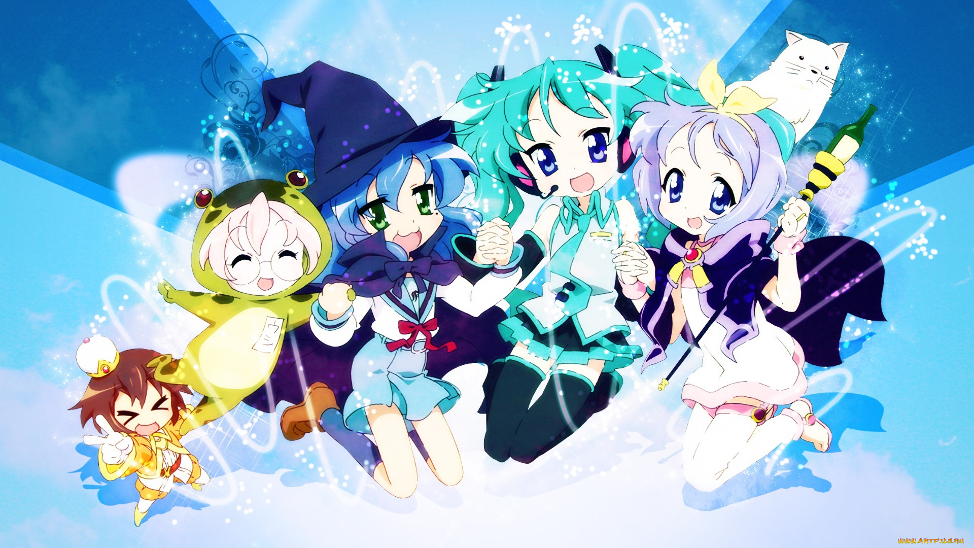 аниме, vocaloid, девушки, взгляд, фон