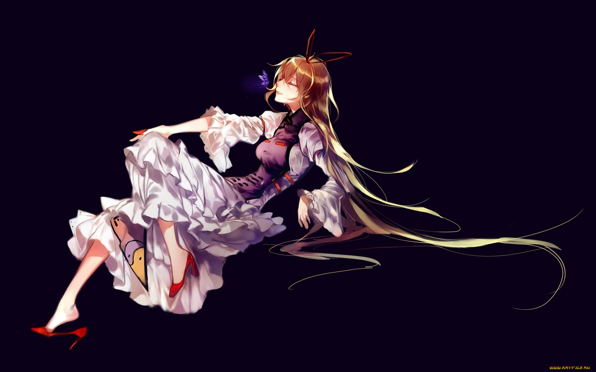 аниме, touhou, бабочка, yukari, yakumo, длинные, волосы, закрытые, глаза, фон, фиолетовый, туфли