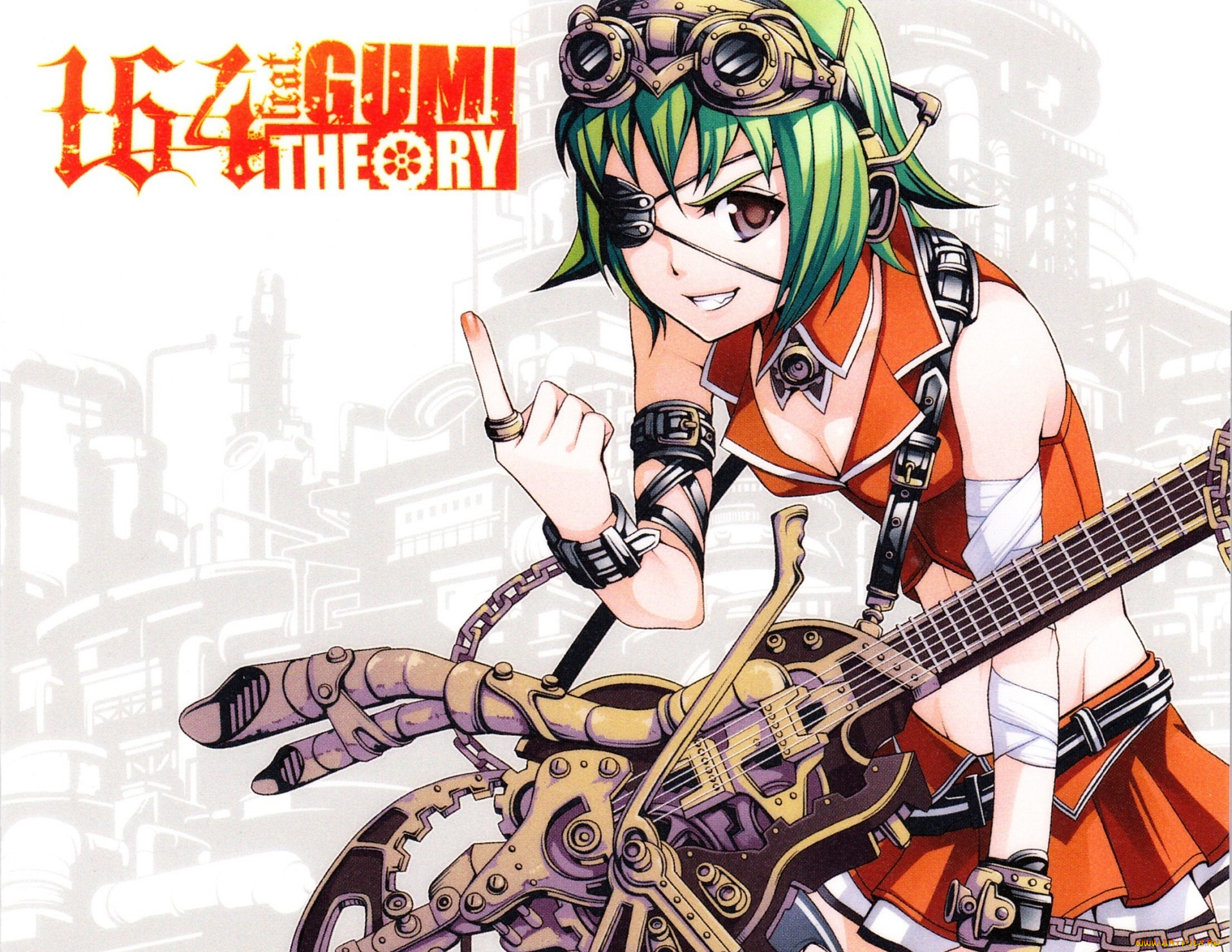 аниме, vocaloid, зеленые, волосы, завод, art, шестеренки, цепи, повязка, takumi, torikoshi, gumi, megpoid, очки, гитара