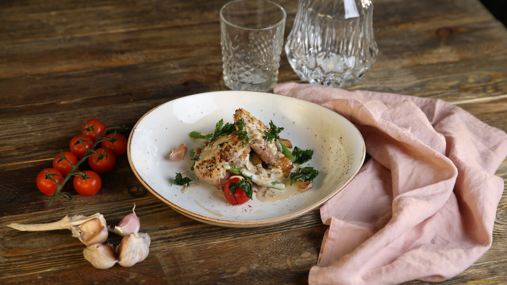 еда, мясные, блюда, жареное, зелень, кусочки, мясо, томаты, помидоры