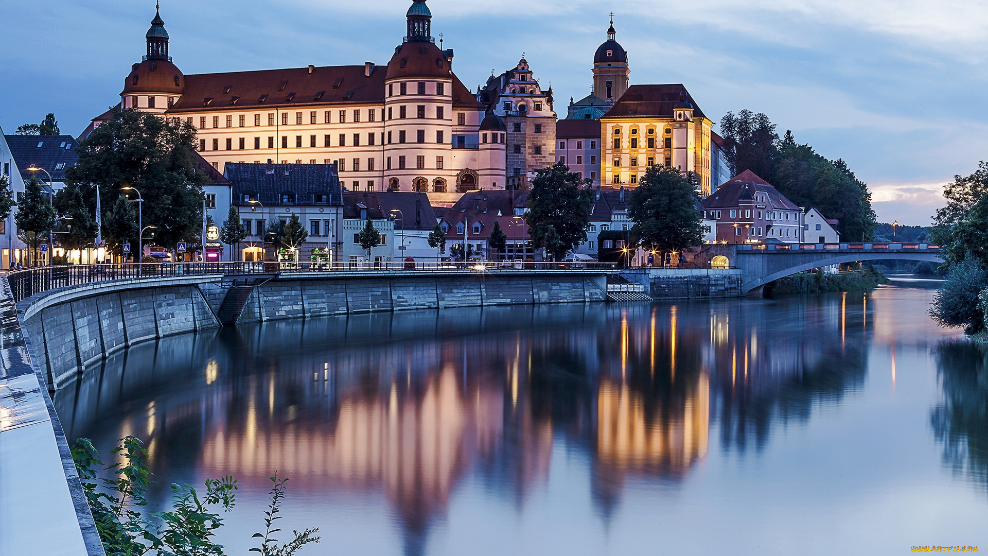 германия, города, -, дворцы, , замки, , крепости, фонари, водоем, здания, мост