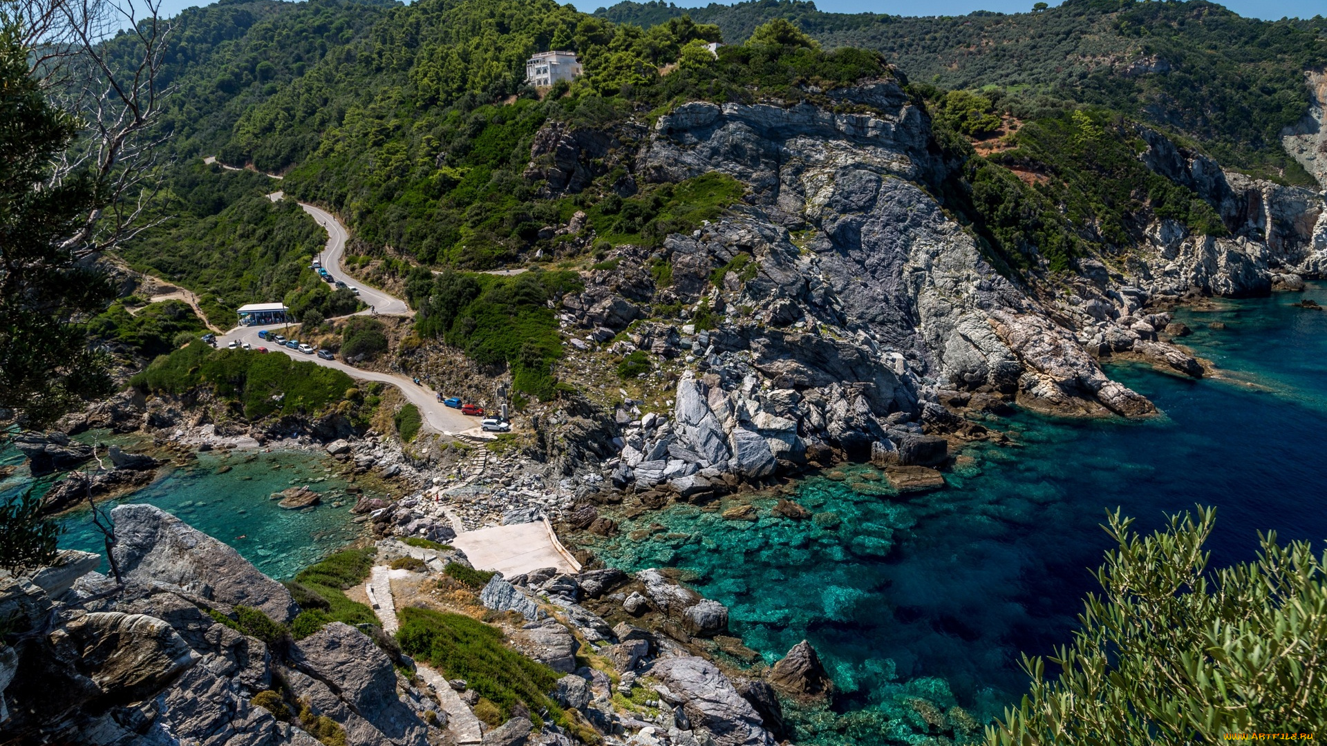 греция, природа, побережье, водоем, деревья, камни