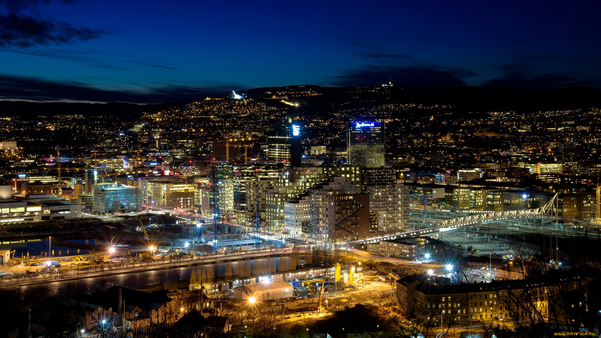осло, города, осло, , норвегия, фонари, панорама, здания, ночь