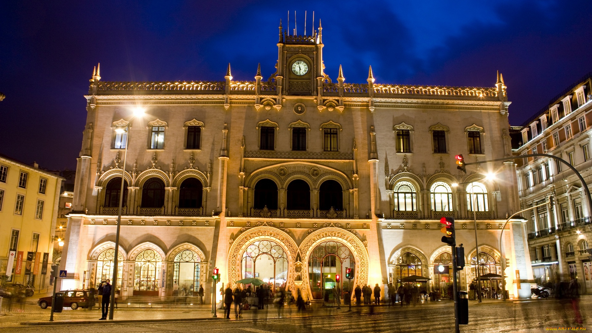 португалия, города, -, огни, ночного, города, здания, люди, ночь, дорога, фонари