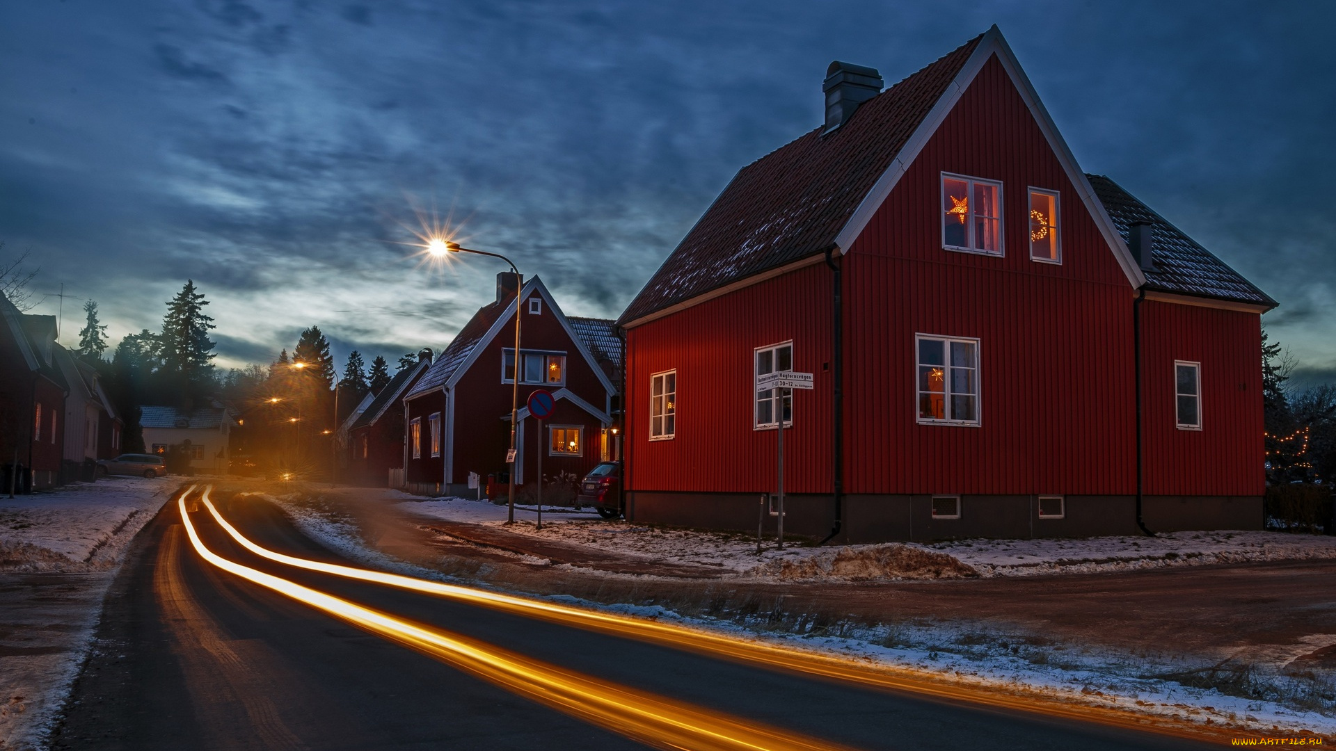 стокгольм, города, стокгольм, , швеция, дома, фонари, деревья, снег