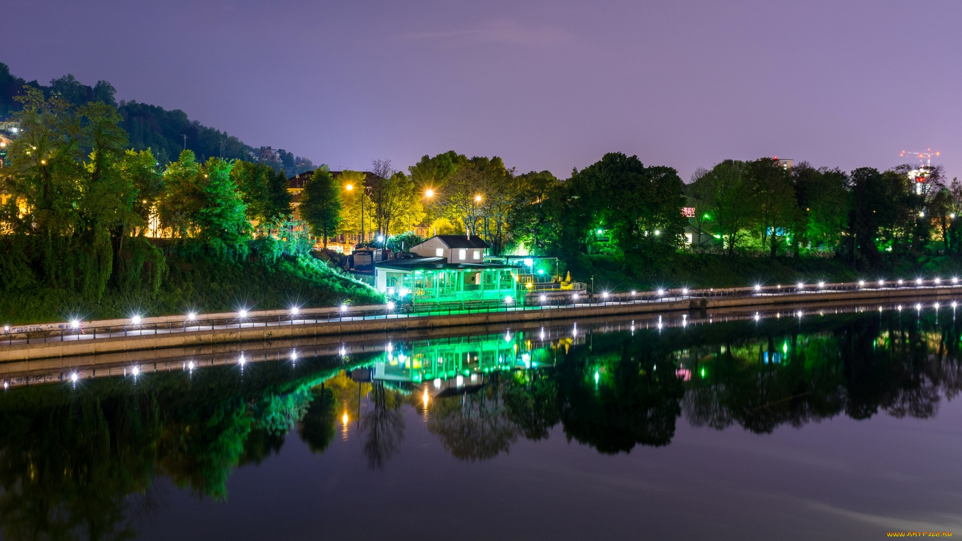 турин, города, турин, , италия, водоем, здание, фонари, ночь, деревья