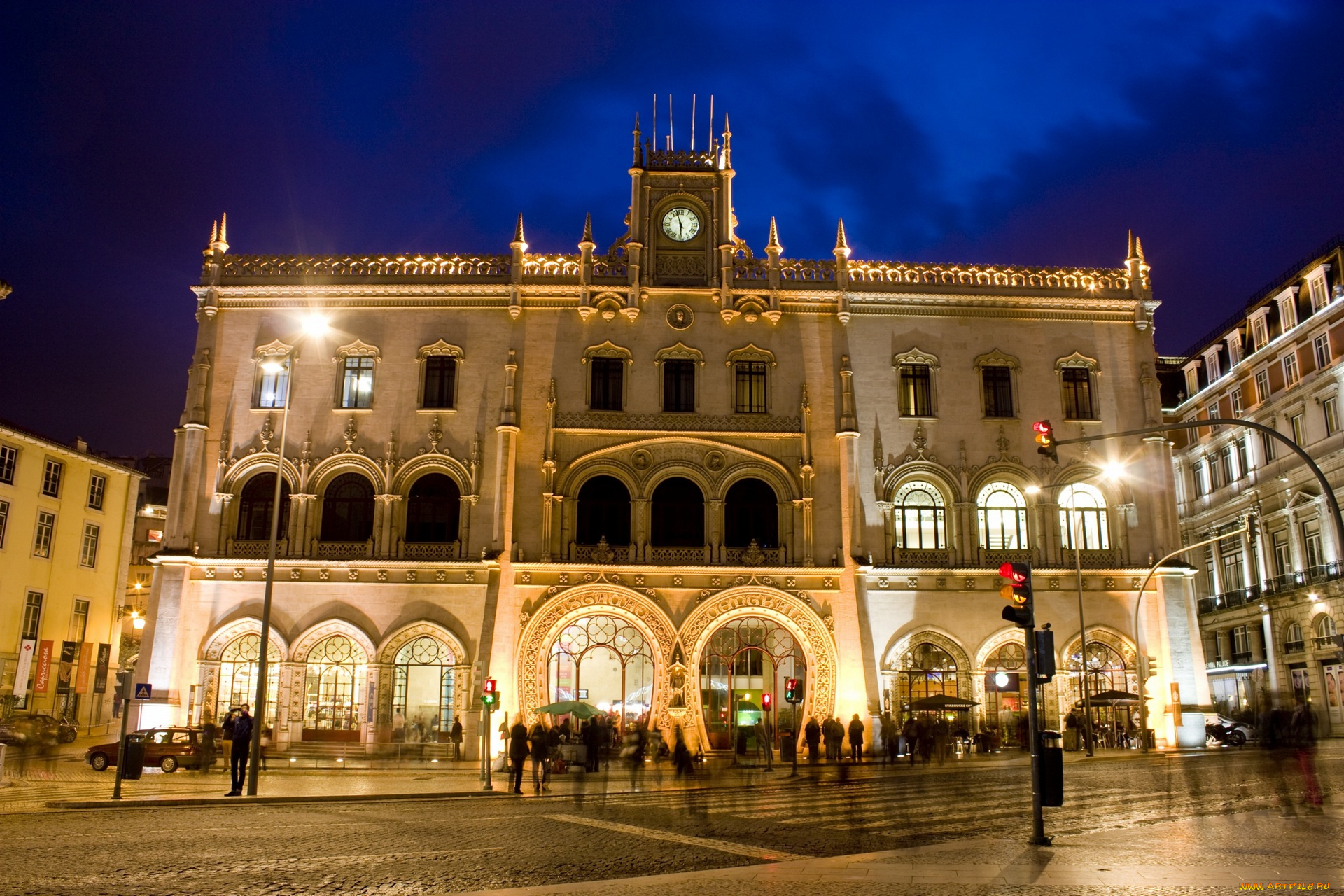 португалия, города, -, огни, ночного, города, здания, люди, ночь, дорога, фонари