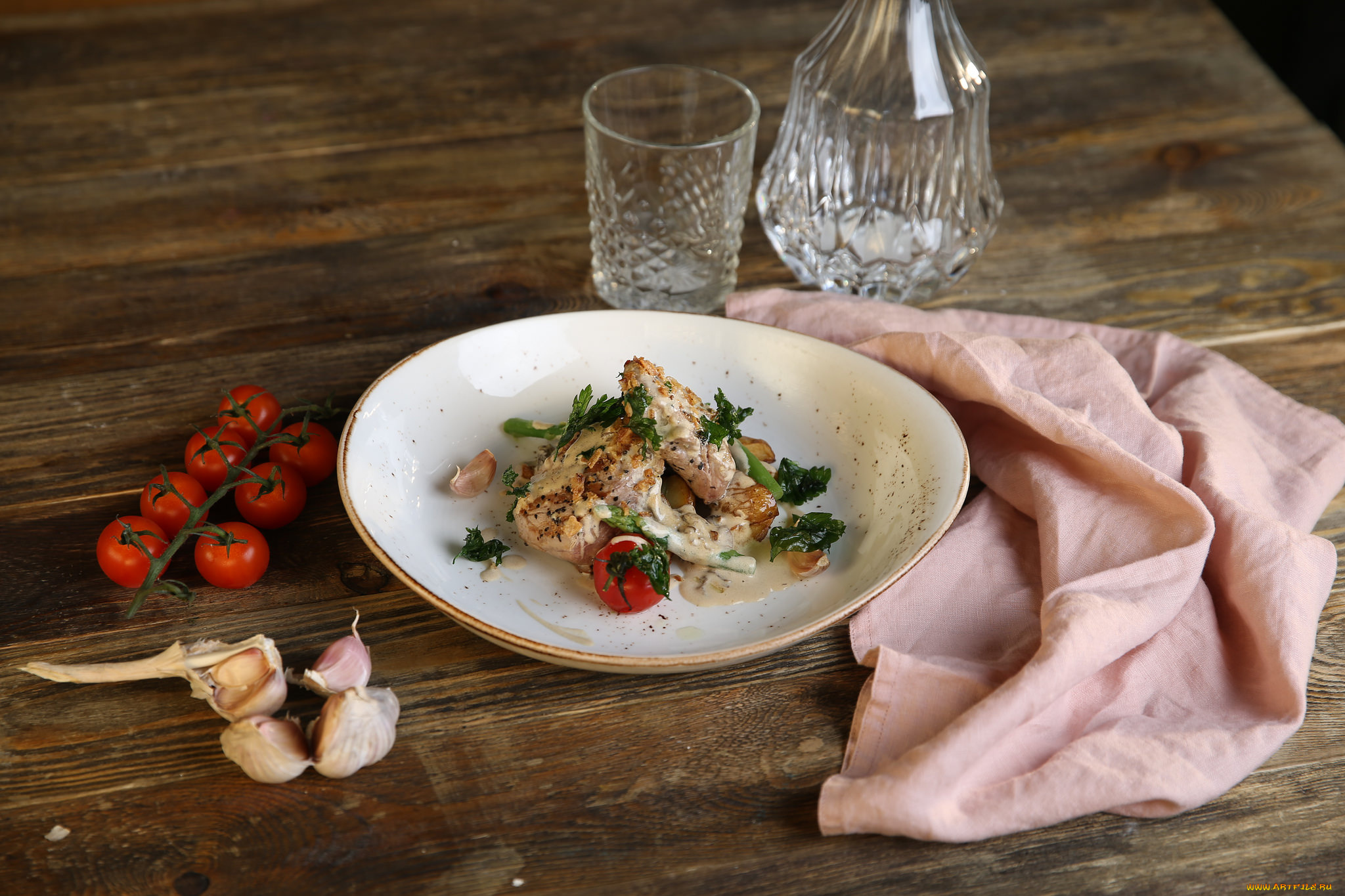 еда, мясные, блюда, жареное, зелень, кусочки, мясо, томаты, помидоры