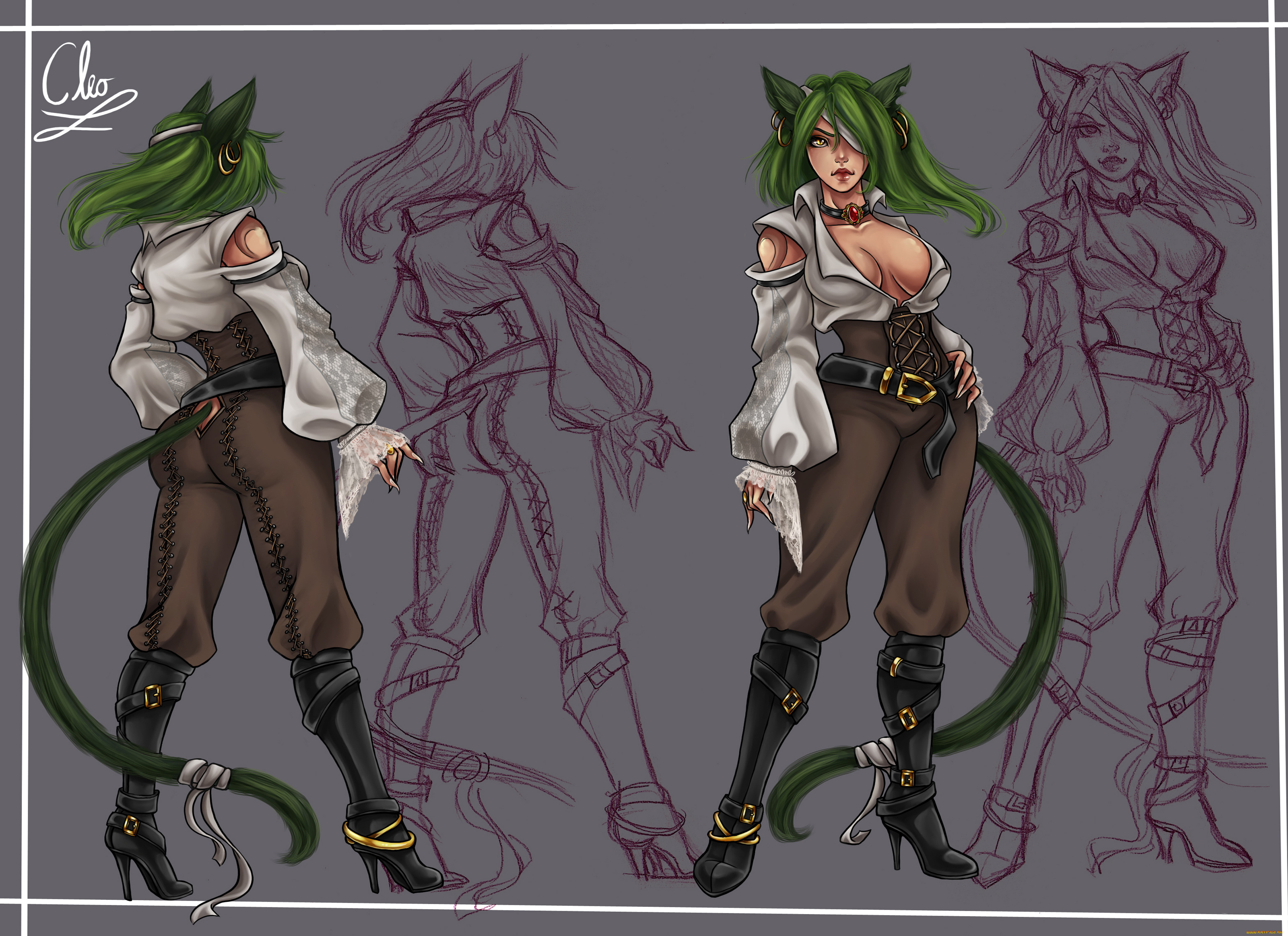 рисованное, комиксы, фон, девушка, взгляд, хвост