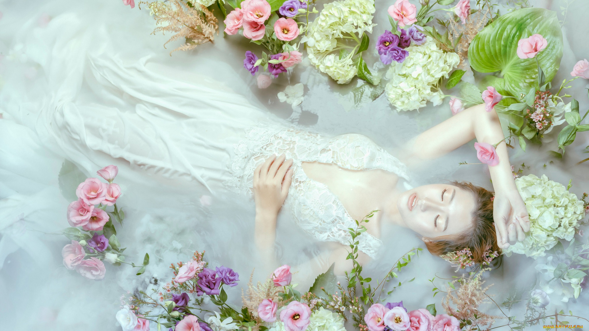 девушки, -unsort, , азиатки, поза, вода, девушка, настроение, азиатка, цветы, руки