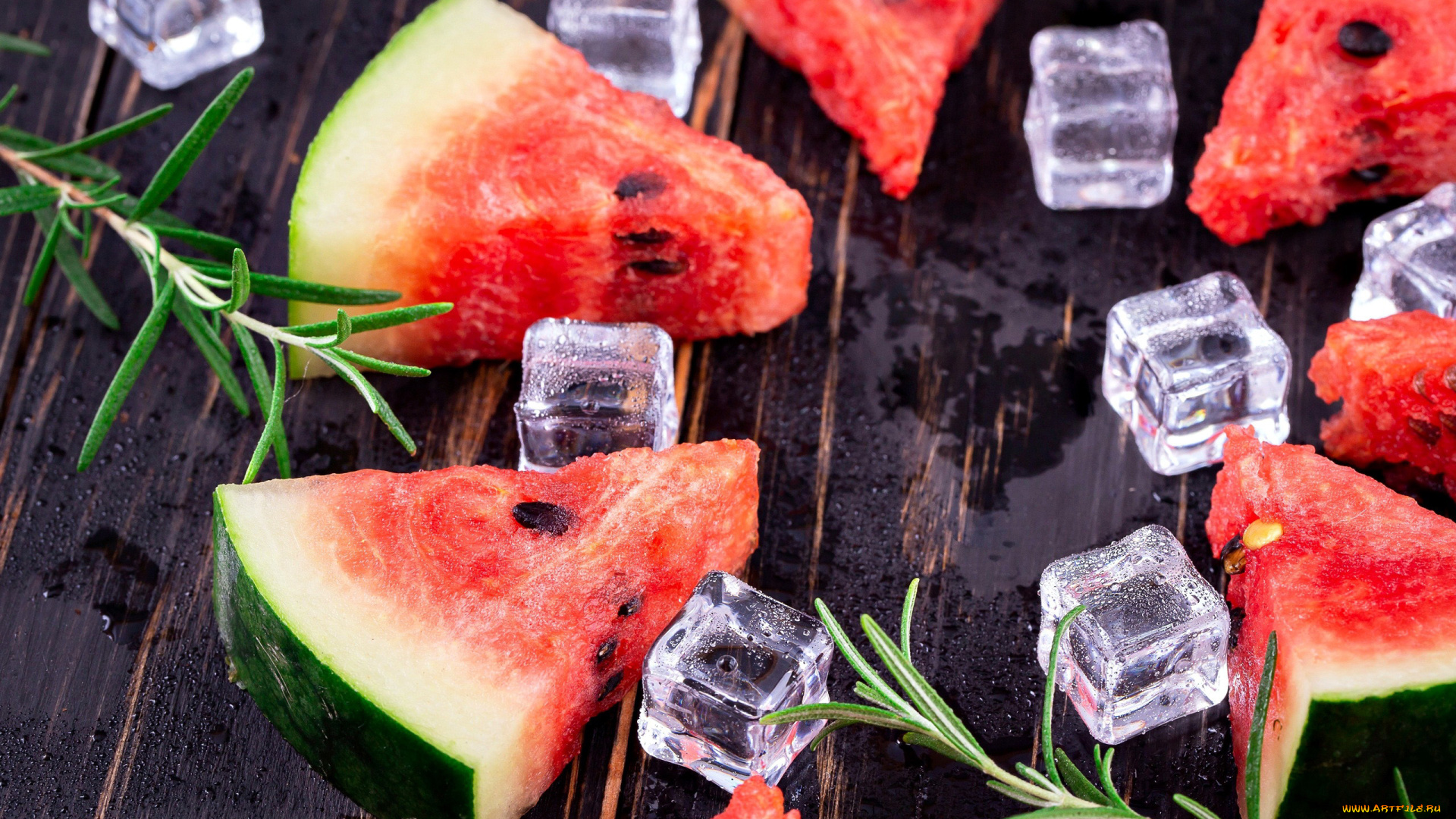 еда, арбуз, лед, розмарин