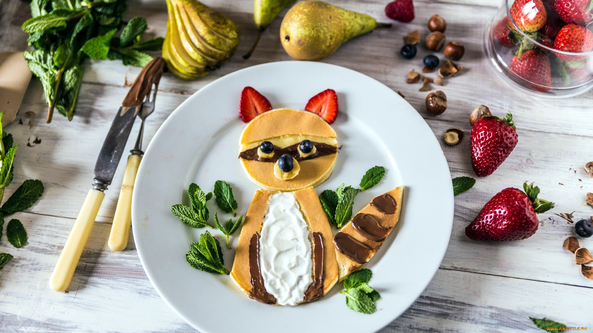 еда, блины, , оладьи, оригинальный, блин, клубника, груша