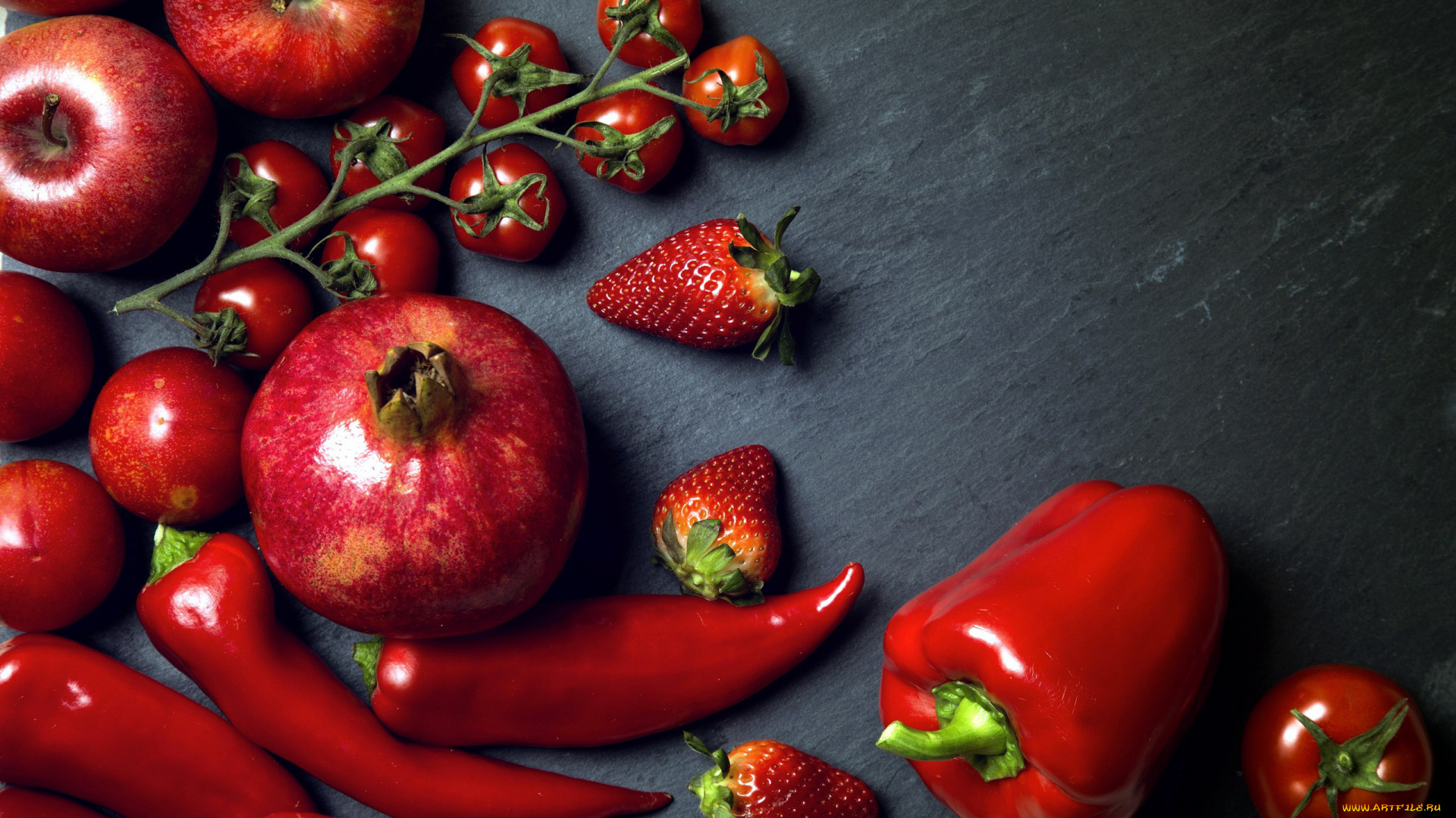 еда, фрукты, и, овощи, вместе, клубника, гранат, перец