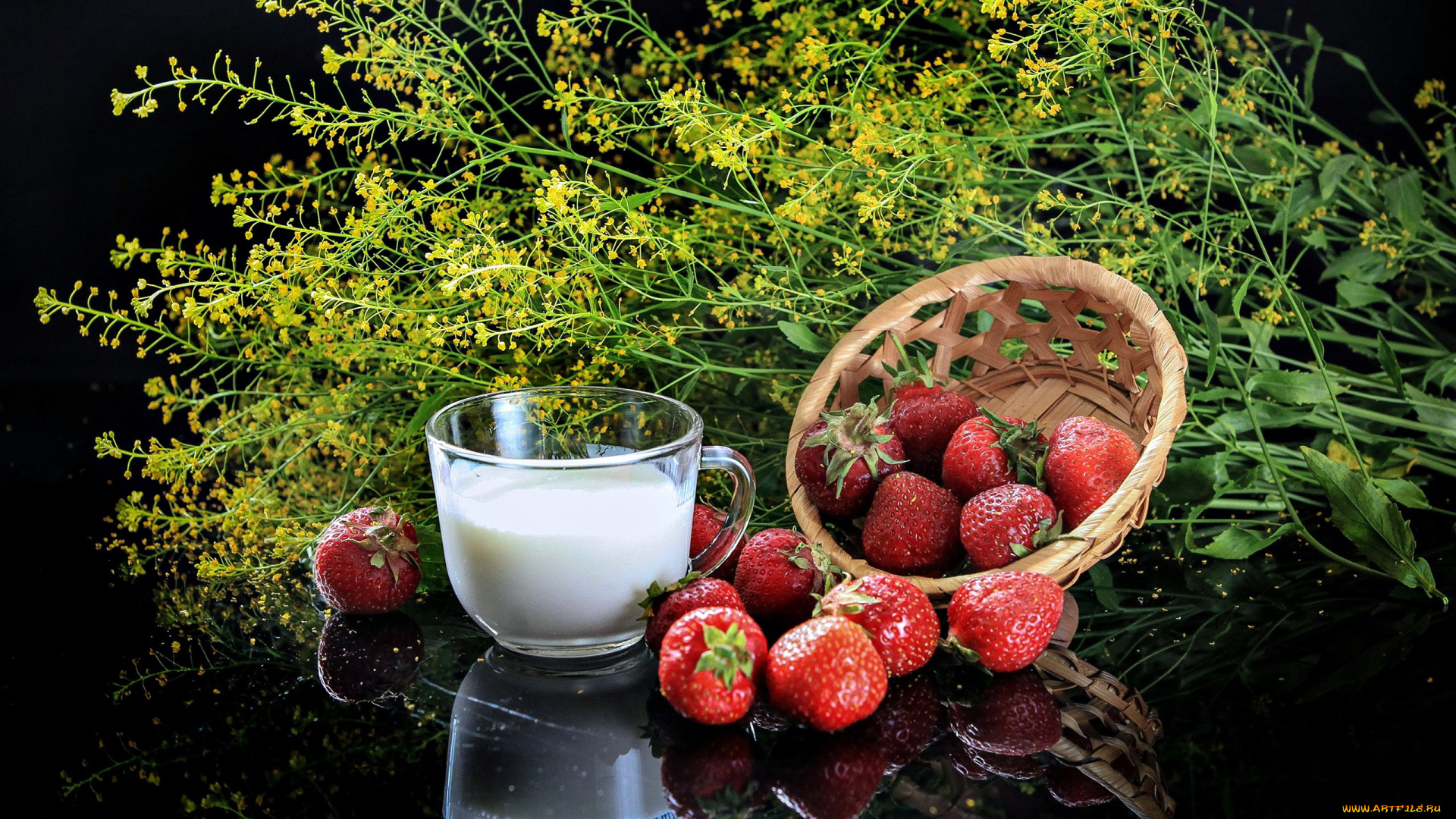 еда, клубника, , земляника, молоко