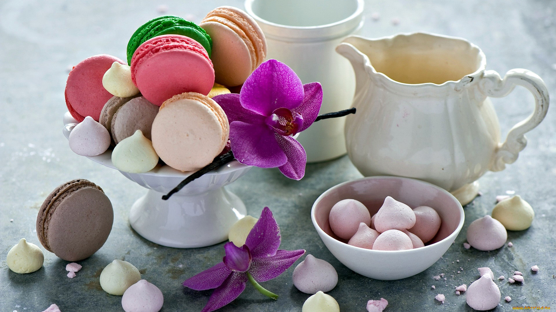 еда, макаруны, орхидеи, ассорти, печенье, лакомство