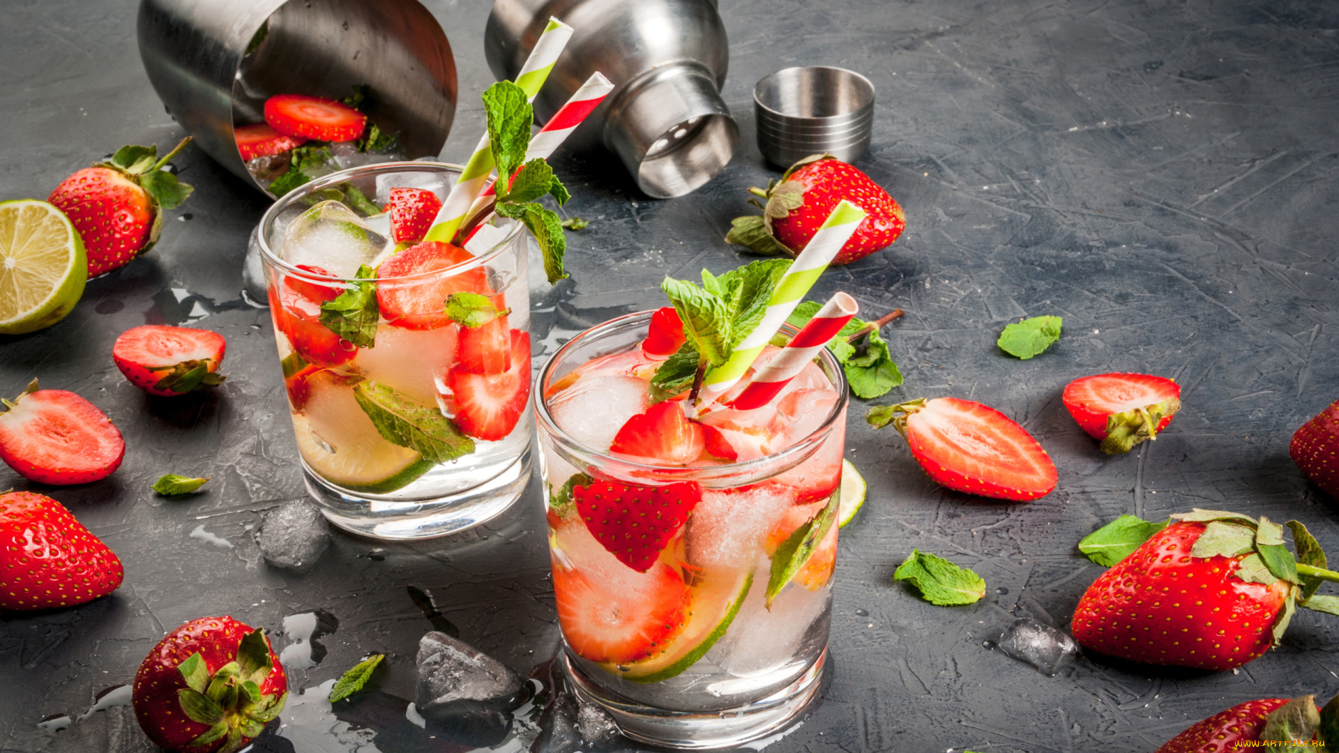 еда, напитки, , коктейль, мята, клубника, лайм, шейкер, бокалы, листья