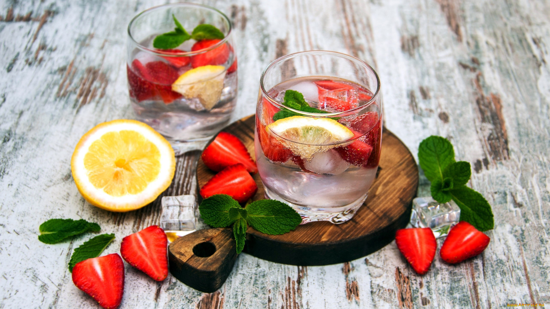 еда, напитки, лимон, мята, лед, клубника