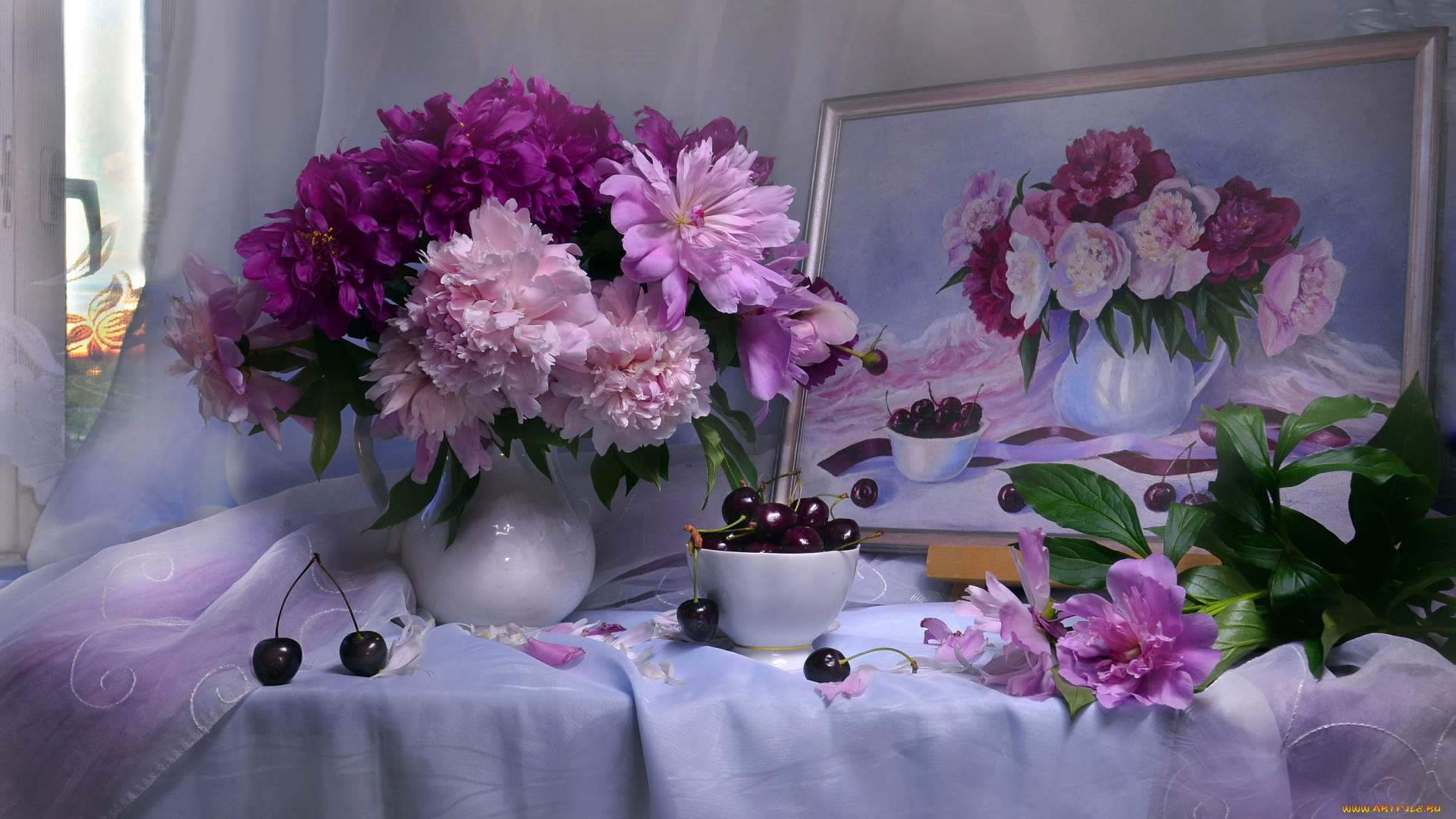 еда, натюрморт, картина, черешня, пионы