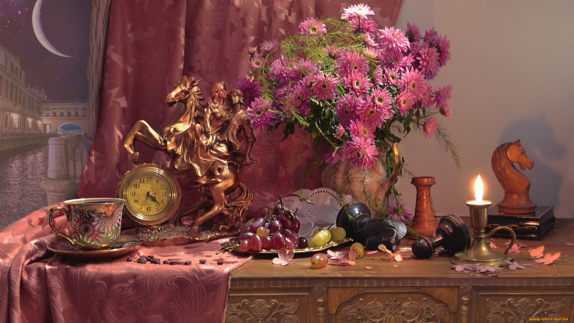 еда, натюрморт, свеча, виноград, чай