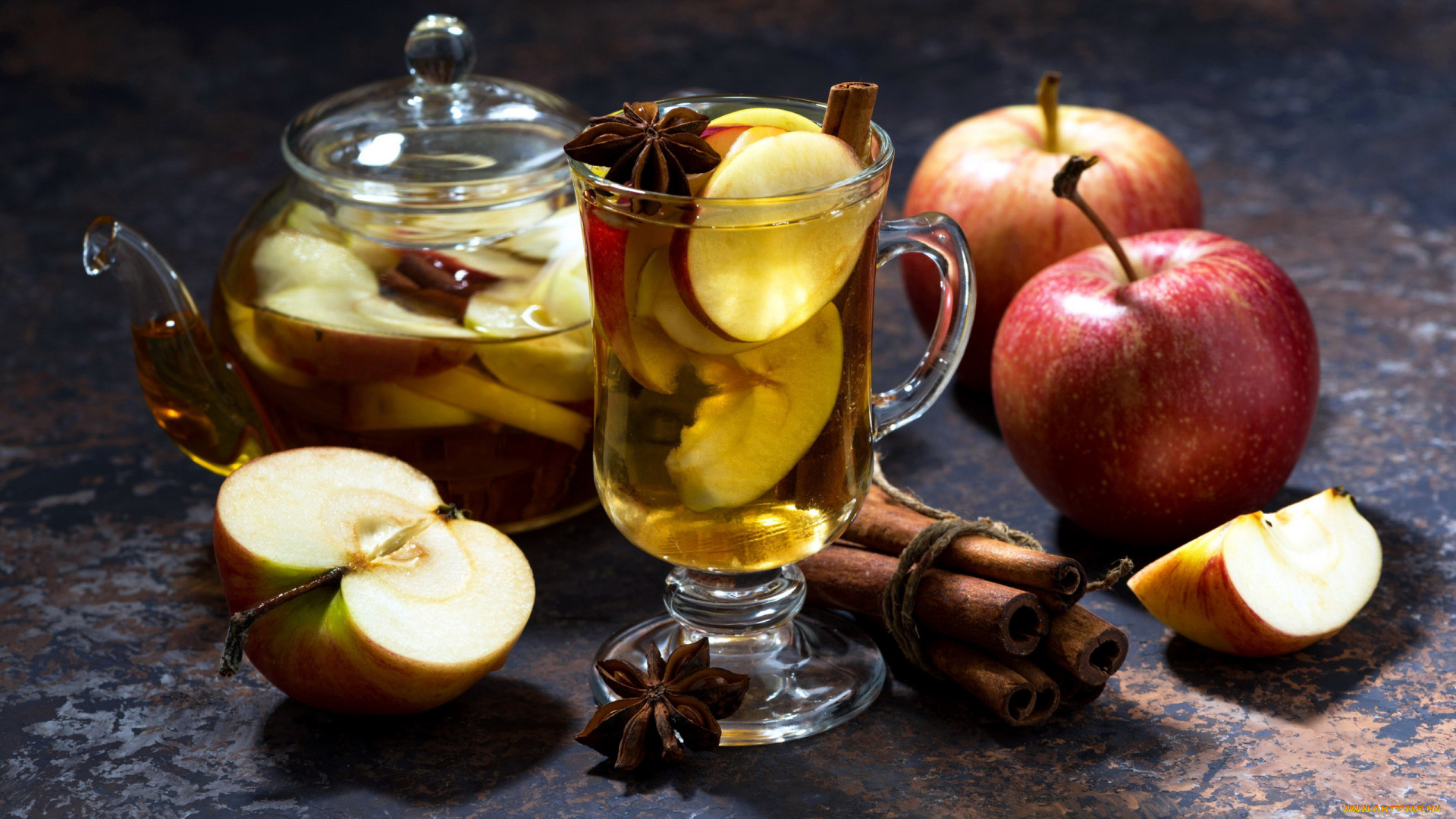 еда, яблоки, корица, напиток