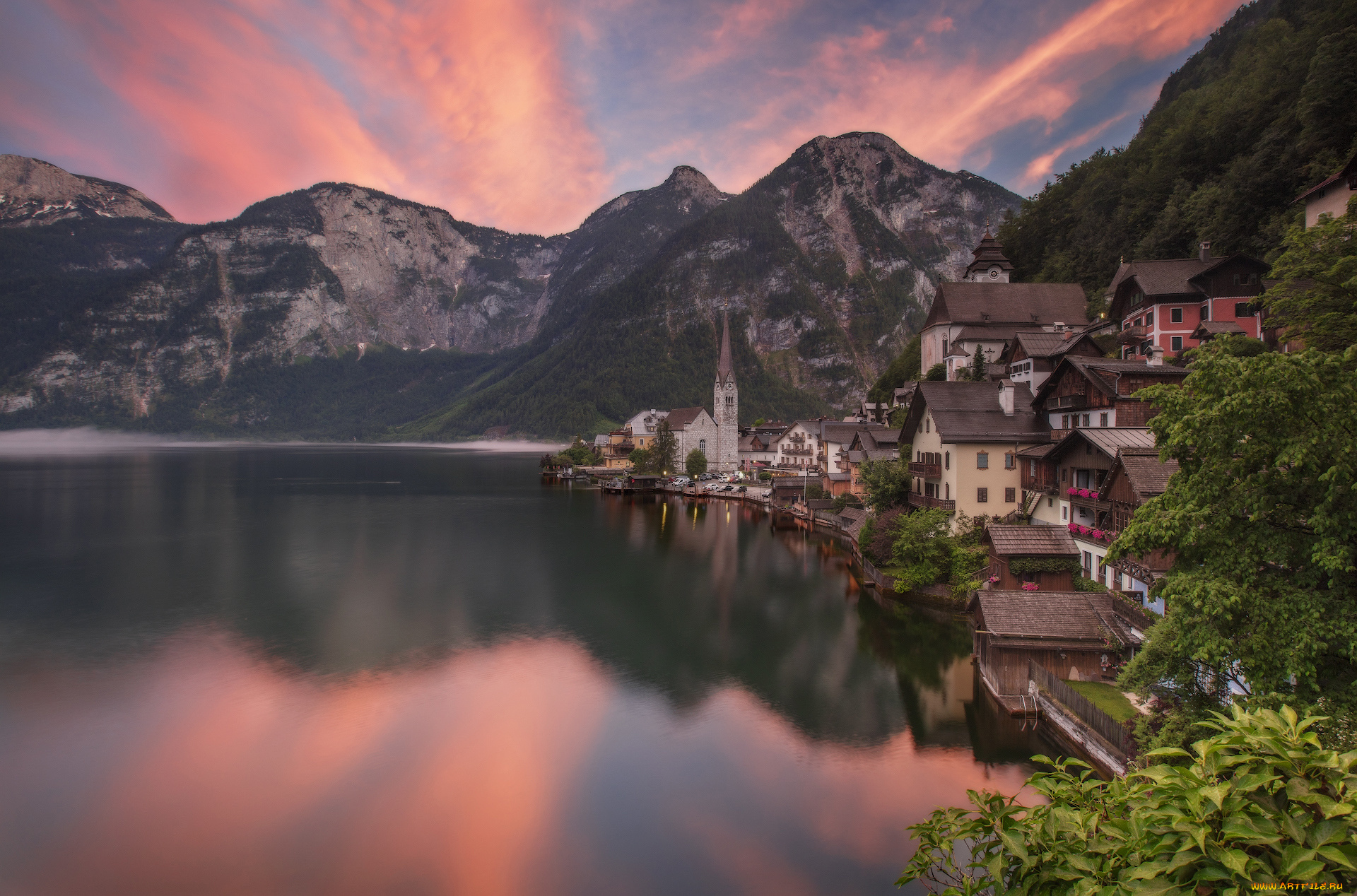 города, гальштат, , австрия, отражение, озеро, горы