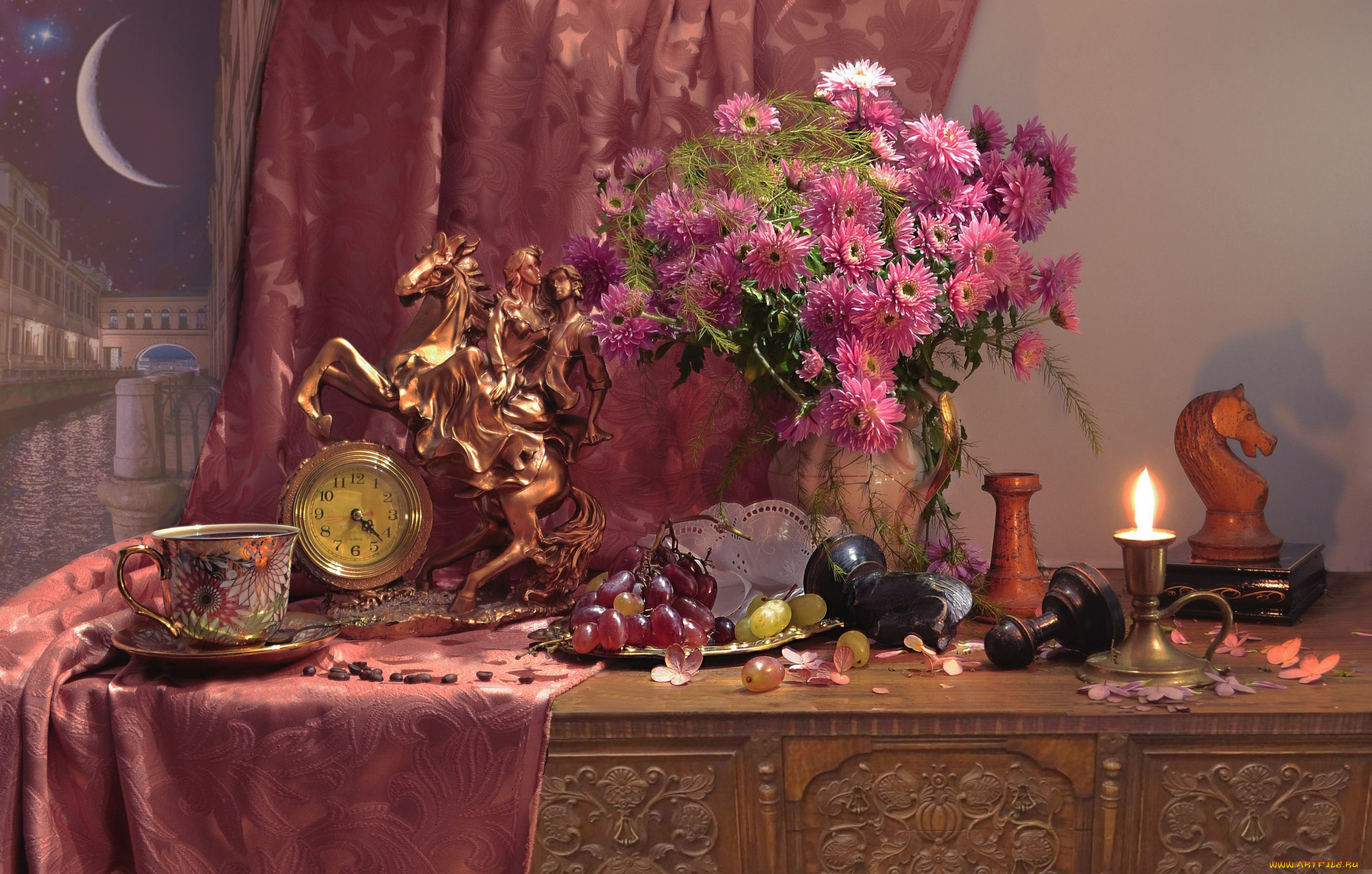 еда, натюрморт, свеча, виноград, чай