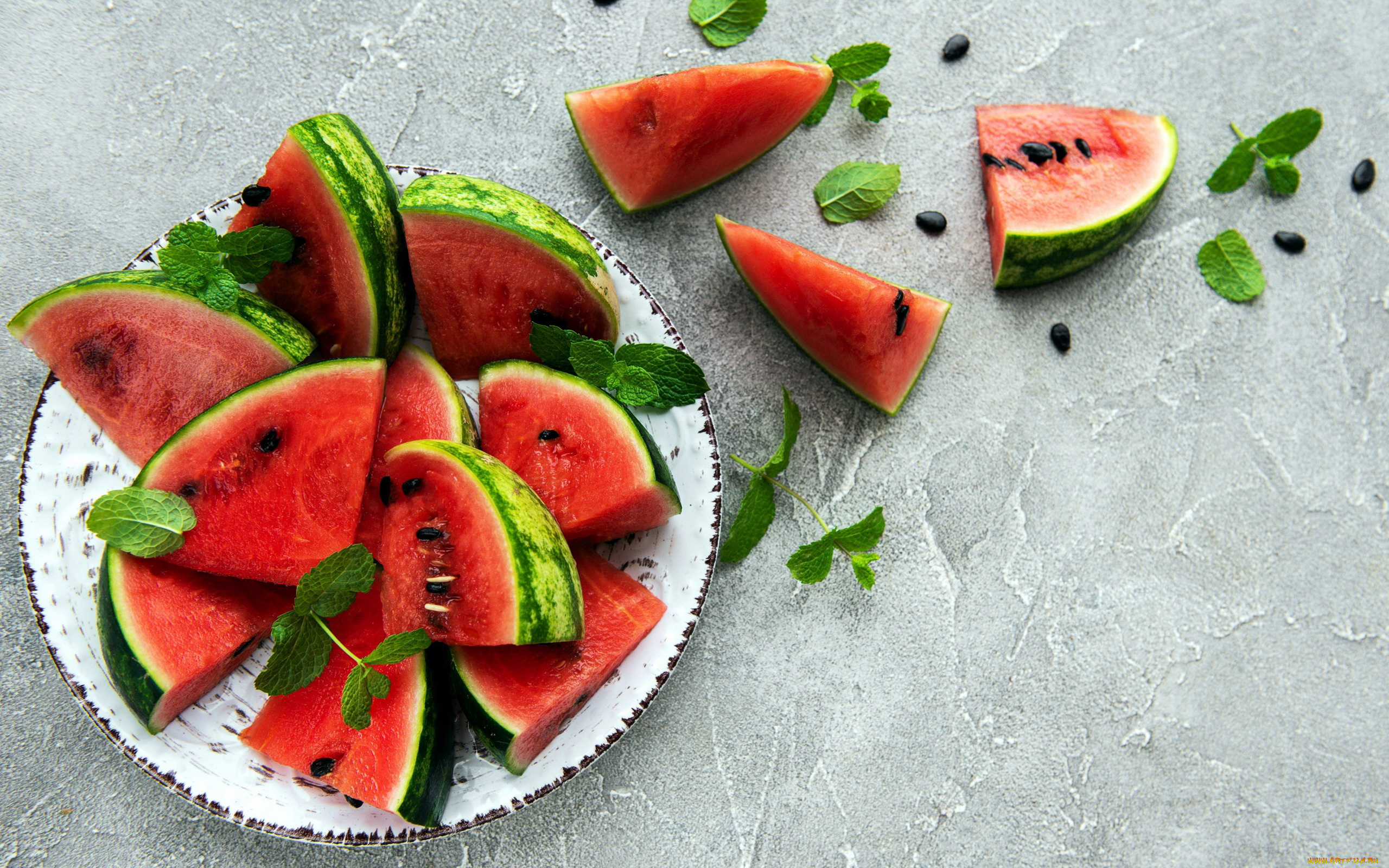 еда, арбуз, мята, ломтики, сочный