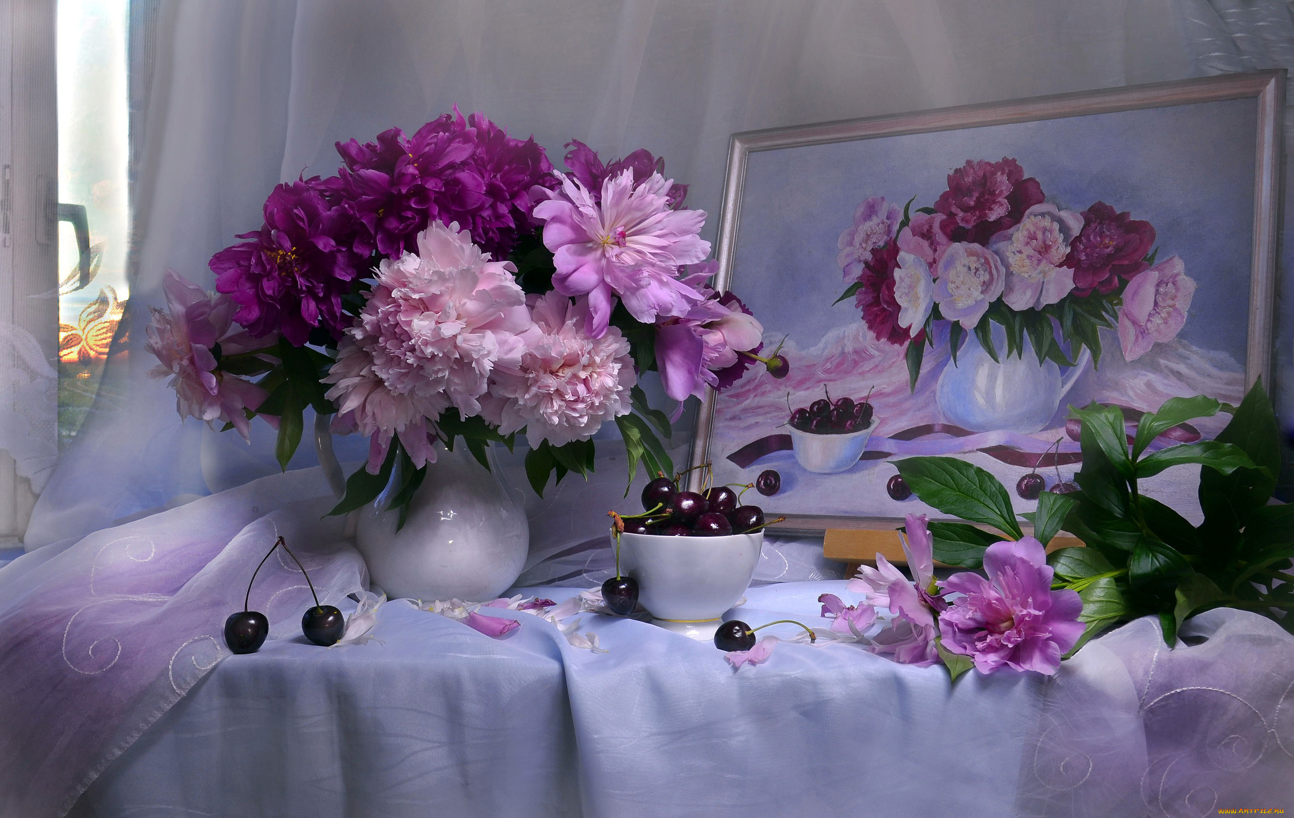 еда, натюрморт, картина, черешня, пионы