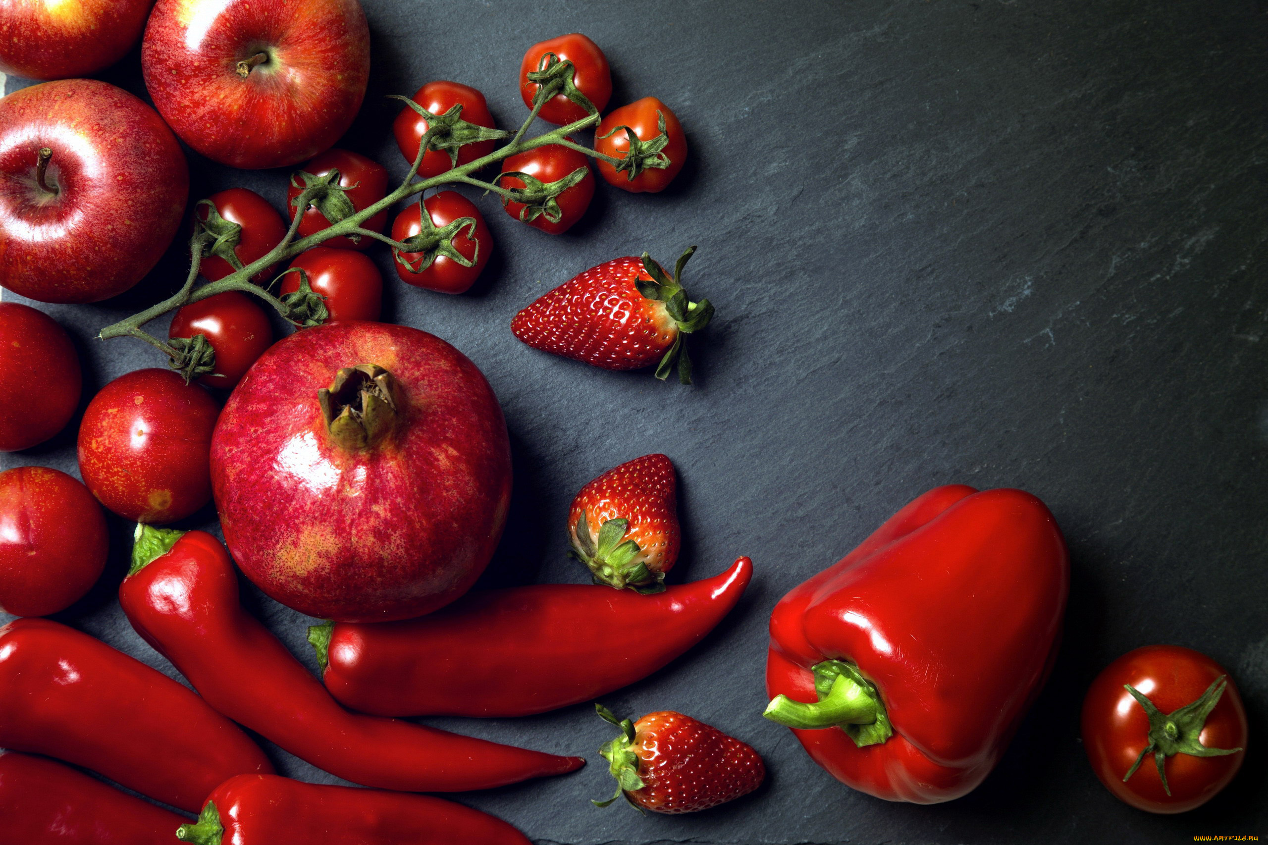 еда, фрукты, и, овощи, вместе, клубника, гранат, перец