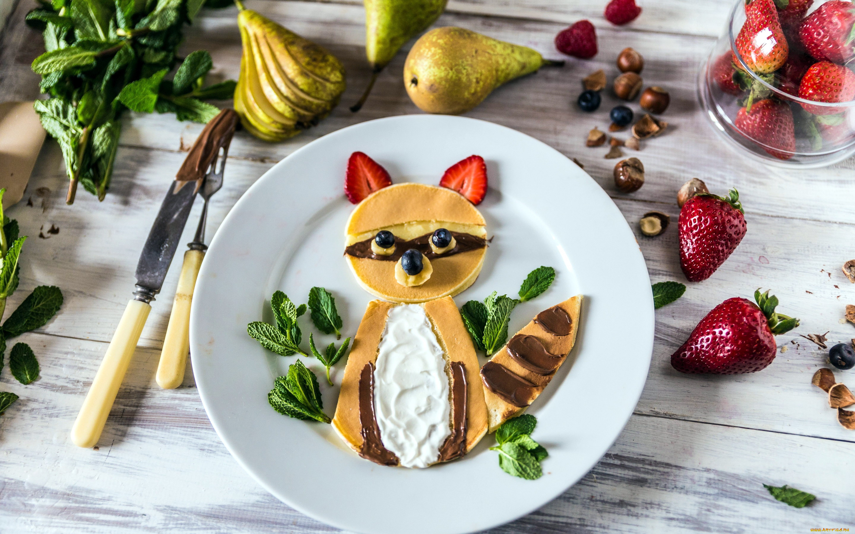 еда, блины, , оладьи, оригинальный, блин, клубника, груша