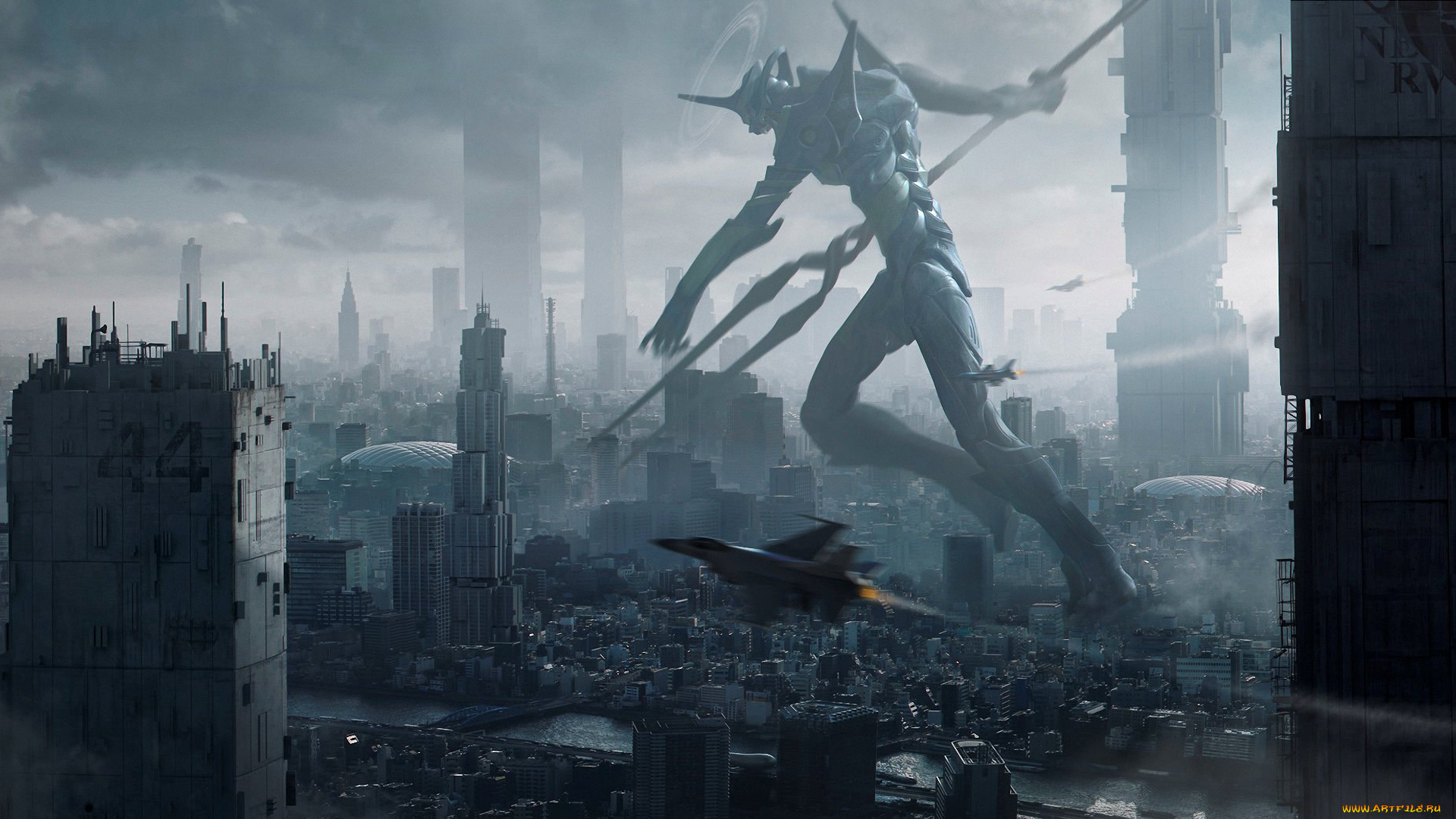 аниме, evangelion, eva, меха, робот, самолеты, город