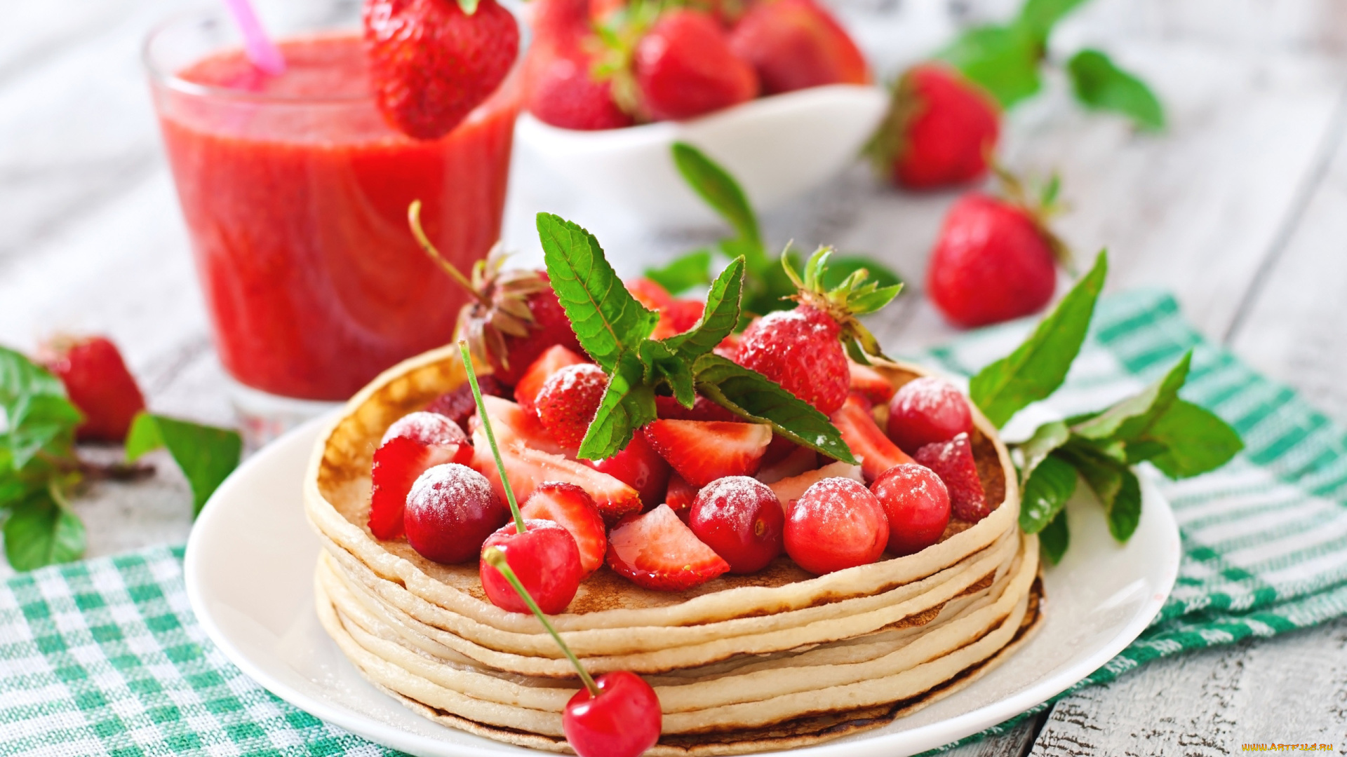 еда, блины, , оладьи, мята, клубника