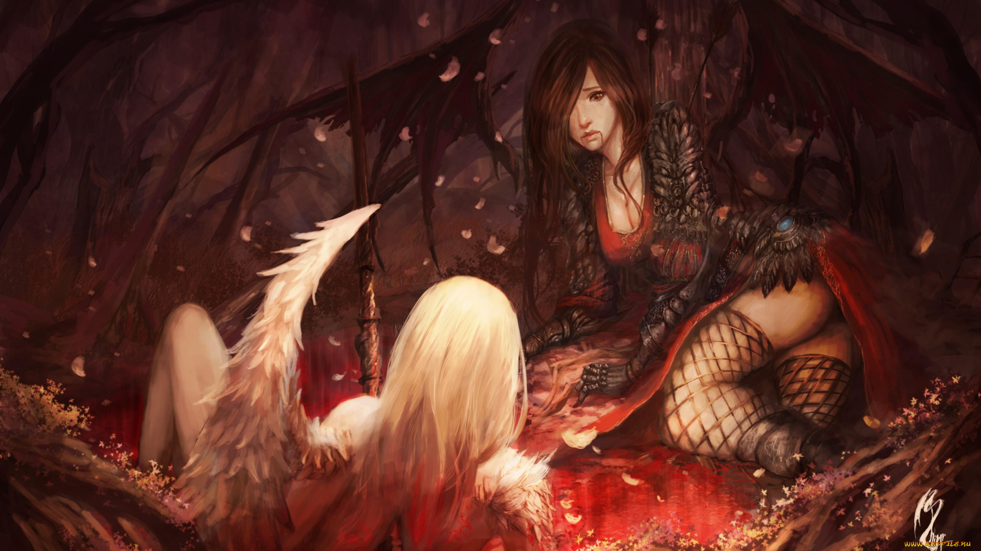 фэнтези, ангелы, девушки, ангел, демон, раны, кровь