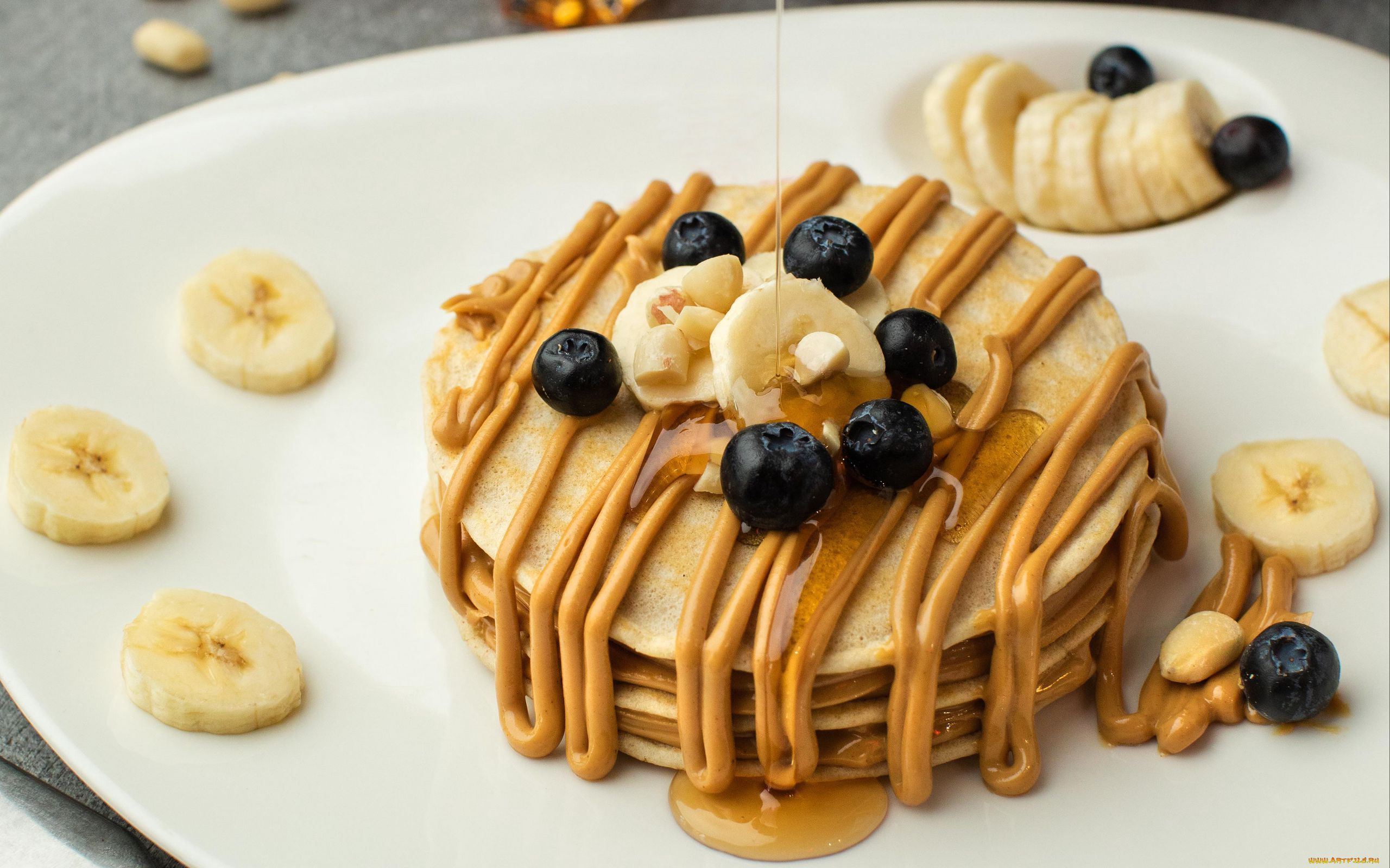 еда, блины, , оладьи, банан, сироп, черника