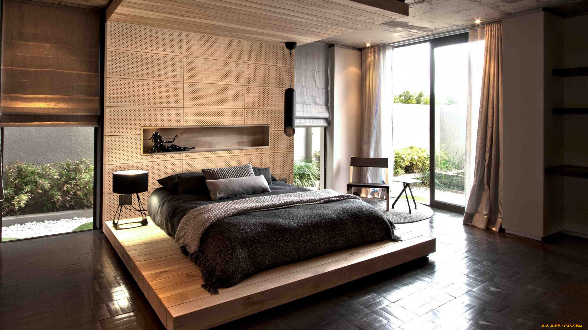 интерьер, спальня, кровать, шторы
