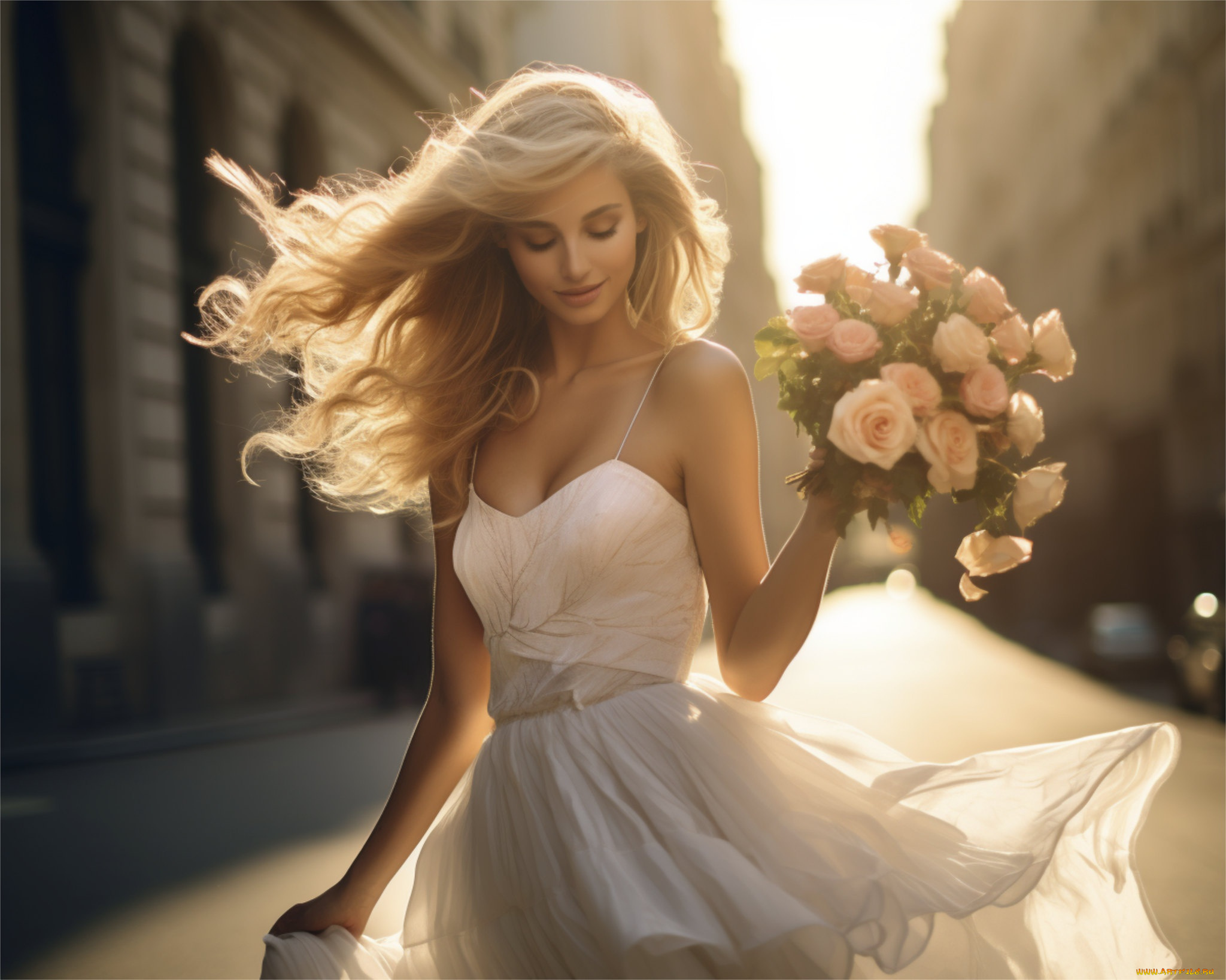 красота, 3д, графика, портрет, , portraits, взгляд, девушка, цветы, лицо, город, портрет, букет, невеста, белое, платье, цифровое, искусство, ии-арт, нейросеть, искусственного, интеллекта